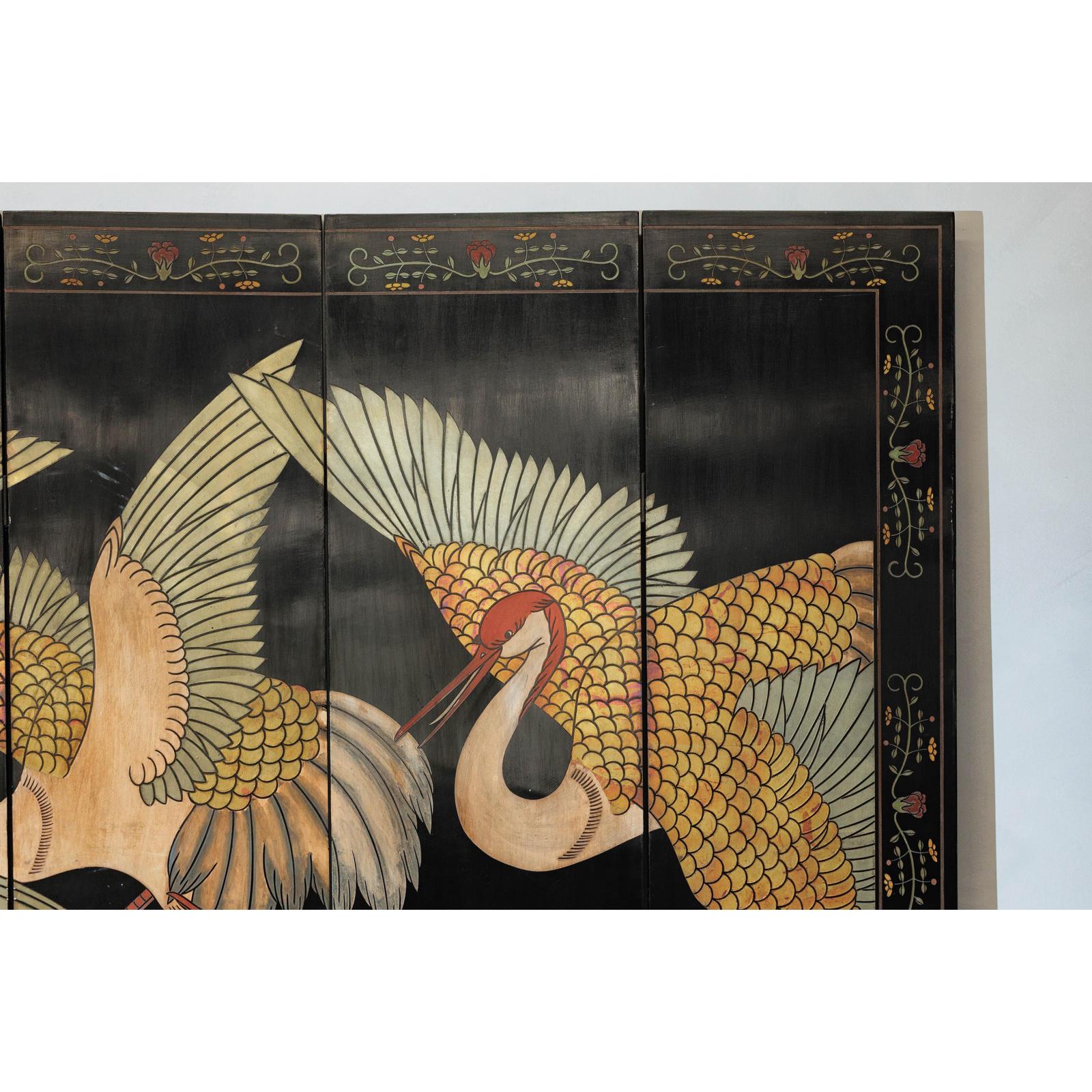 Black Lacquer Six-Panel Screen Divider with Hand-Painted Red-Crested Cranes-9. Asian &amp; Chinese Furniture, Art, Antiques, Vintage Home Décor for sale at FEA Home
