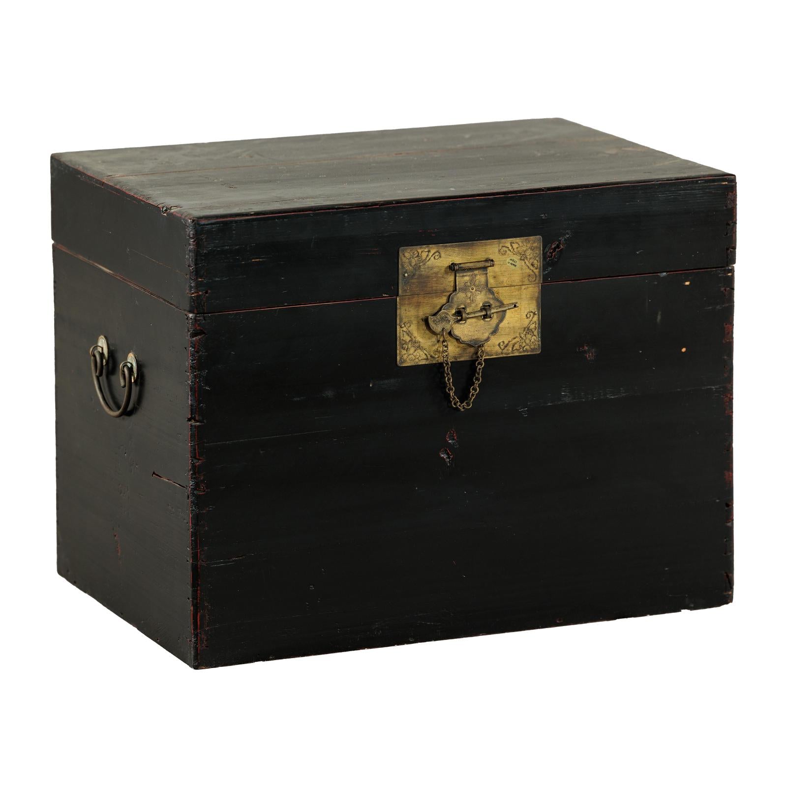 Black Lacquered Trunk with Brass Hardware and Side Handles-1. Asian &amp; Chinese Furniture, Art, Antiques, Vintage Home Décor for sale at FEA Home