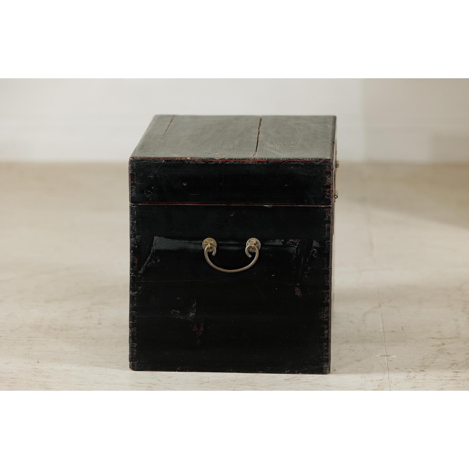 Black Lacquered Trunk with Brass Hardware and Side Handles-10. Asian &amp; Chinese Furniture, Art, Antiques, Vintage Home Décor for sale at FEA Home