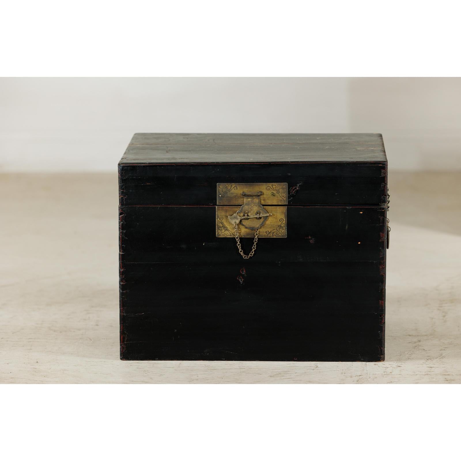 Black Lacquered Trunk with Brass Hardware and Side Handles-11. Asian &amp; Chinese Furniture, Art, Antiques, Vintage Home Décor for sale at FEA Home