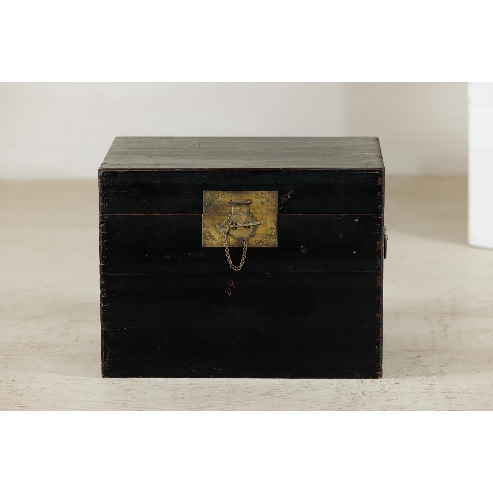 Black Lacquered Trunk with Brass Hardware and Side Handles-2. Asian &amp; Chinese Furniture, Art, Antiques, Vintage Home Décor for sale at FEA Home