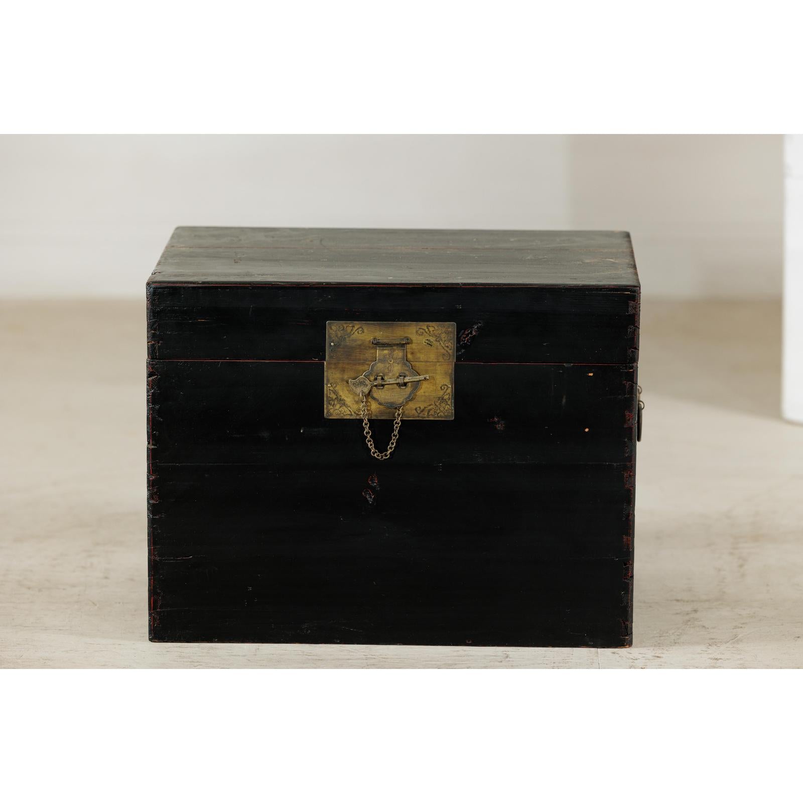 Black Lacquered Trunk with Brass Hardware and Side Handles-4. Asian &amp; Chinese Furniture, Art, Antiques, Vintage Home Décor for sale at FEA Home