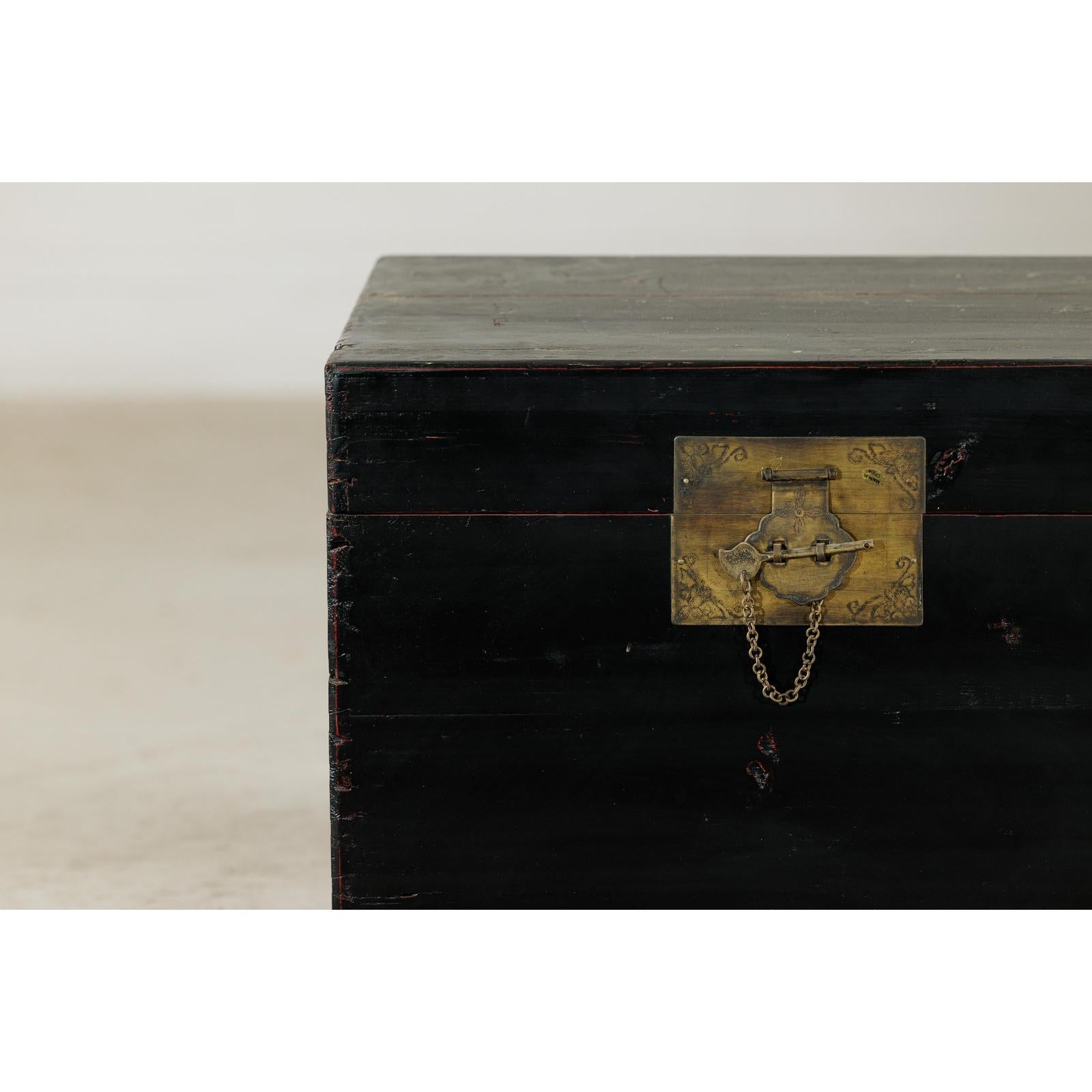 Black Lacquered Trunk with Brass Hardware and Side Handles-5. Asian &amp; Chinese Furniture, Art, Antiques, Vintage Home Décor for sale at FEA Home