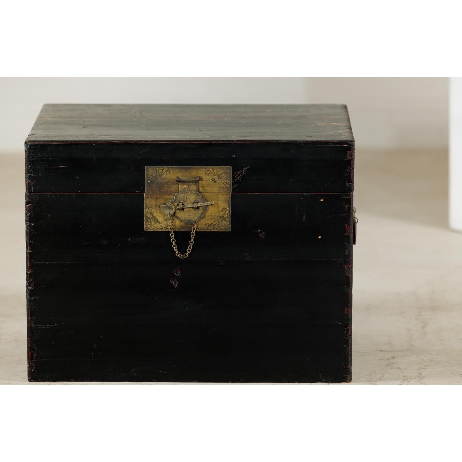 Black Lacquered Trunk with Brass Hardware and Side Handles-6. Asian &amp; Chinese Furniture, Art, Antiques, Vintage Home Décor for sale at FEA Home