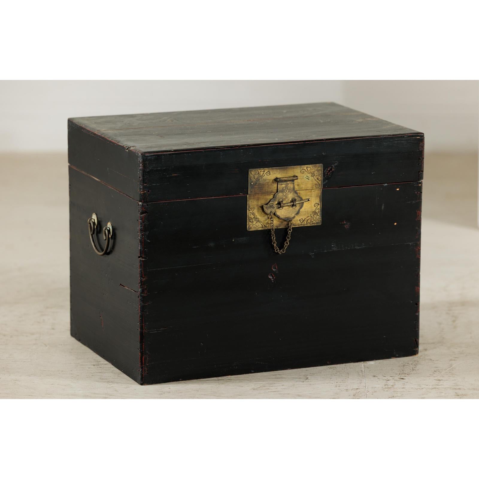 Black Lacquered Trunk with Brass Hardware and Side Handles-7. Asian &amp; Chinese Furniture, Art, Antiques, Vintage Home Décor for sale at FEA Home