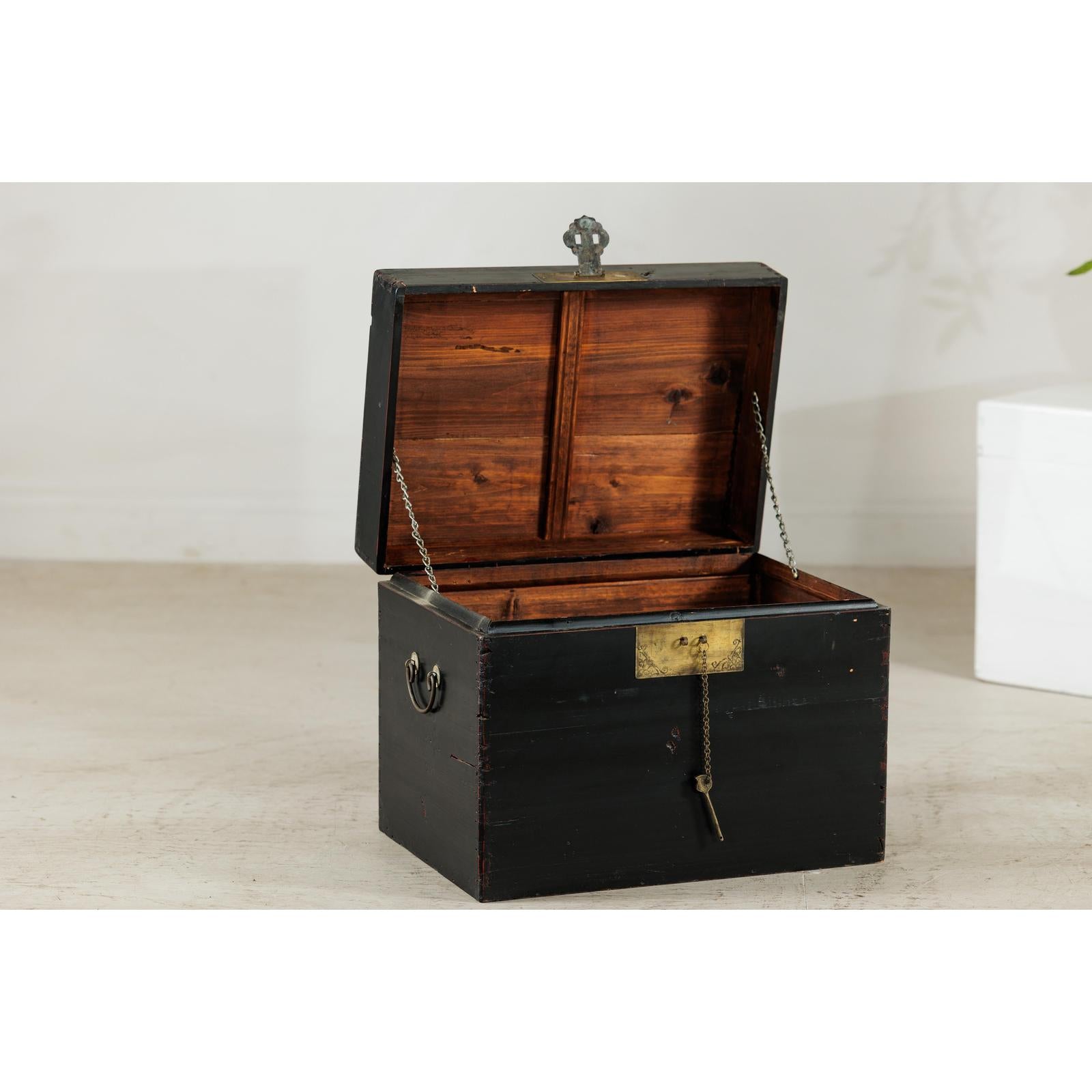 Black Lacquered Trunk with Brass Hardware and Side Handles-8. Asian &amp; Chinese Furniture, Art, Antiques, Vintage Home Décor for sale at FEA Home