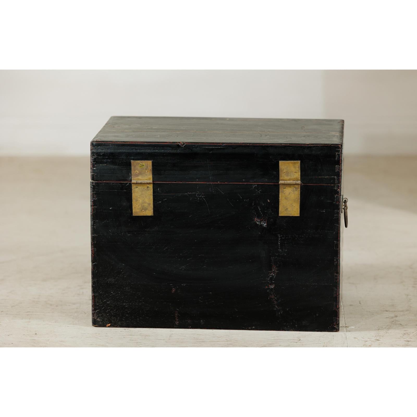 Black Lacquered Trunk with Brass Hardware and Side Handles-9. Asian &amp; Chinese Furniture, Art, Antiques, Vintage Home Décor for sale at FEA Home