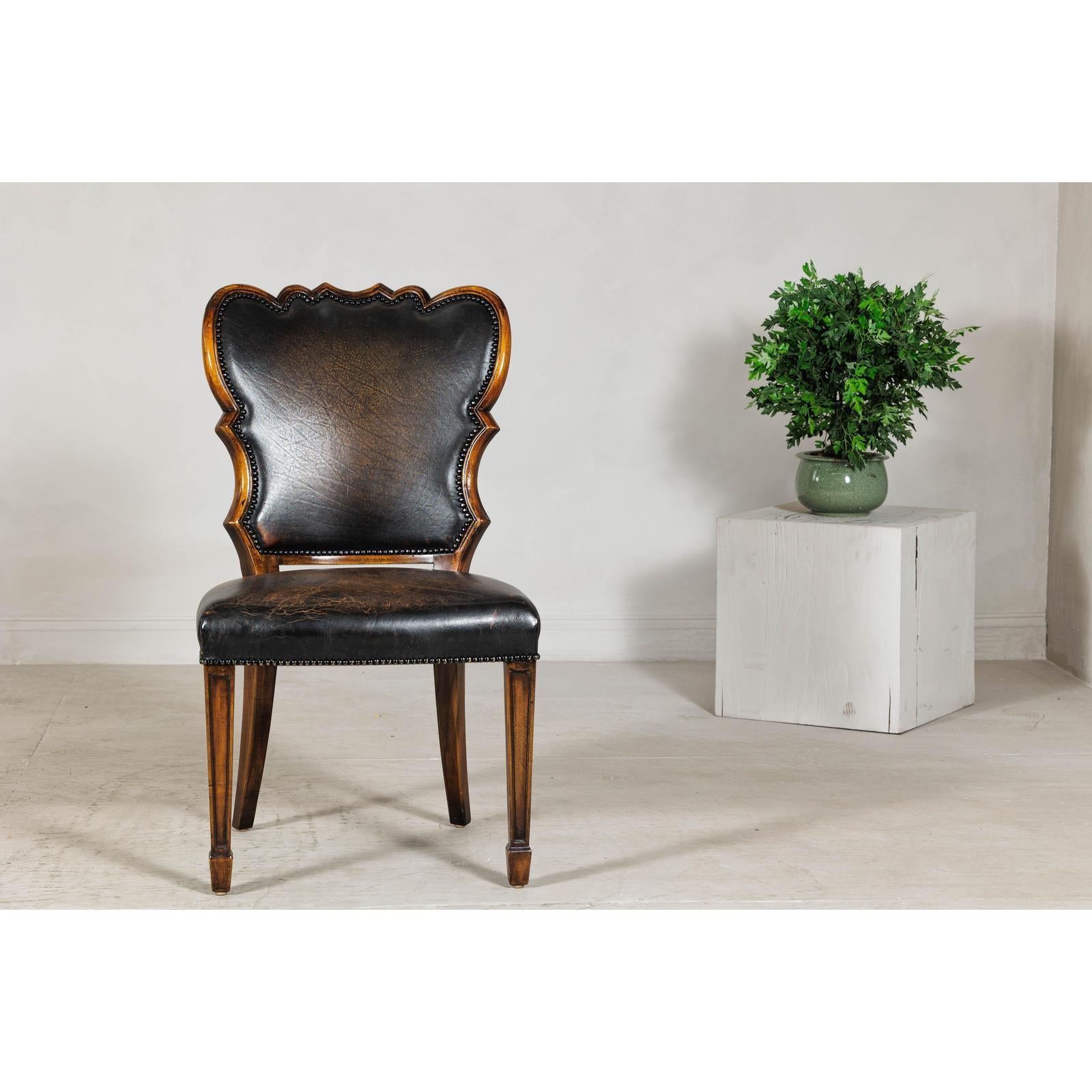 Black Leather Desk Chair with Carved Frame and Nailhead Trim-2. Asian & Chinese Furniture, Art, Antiques, Vintage Home Décor for sale at FEA Home