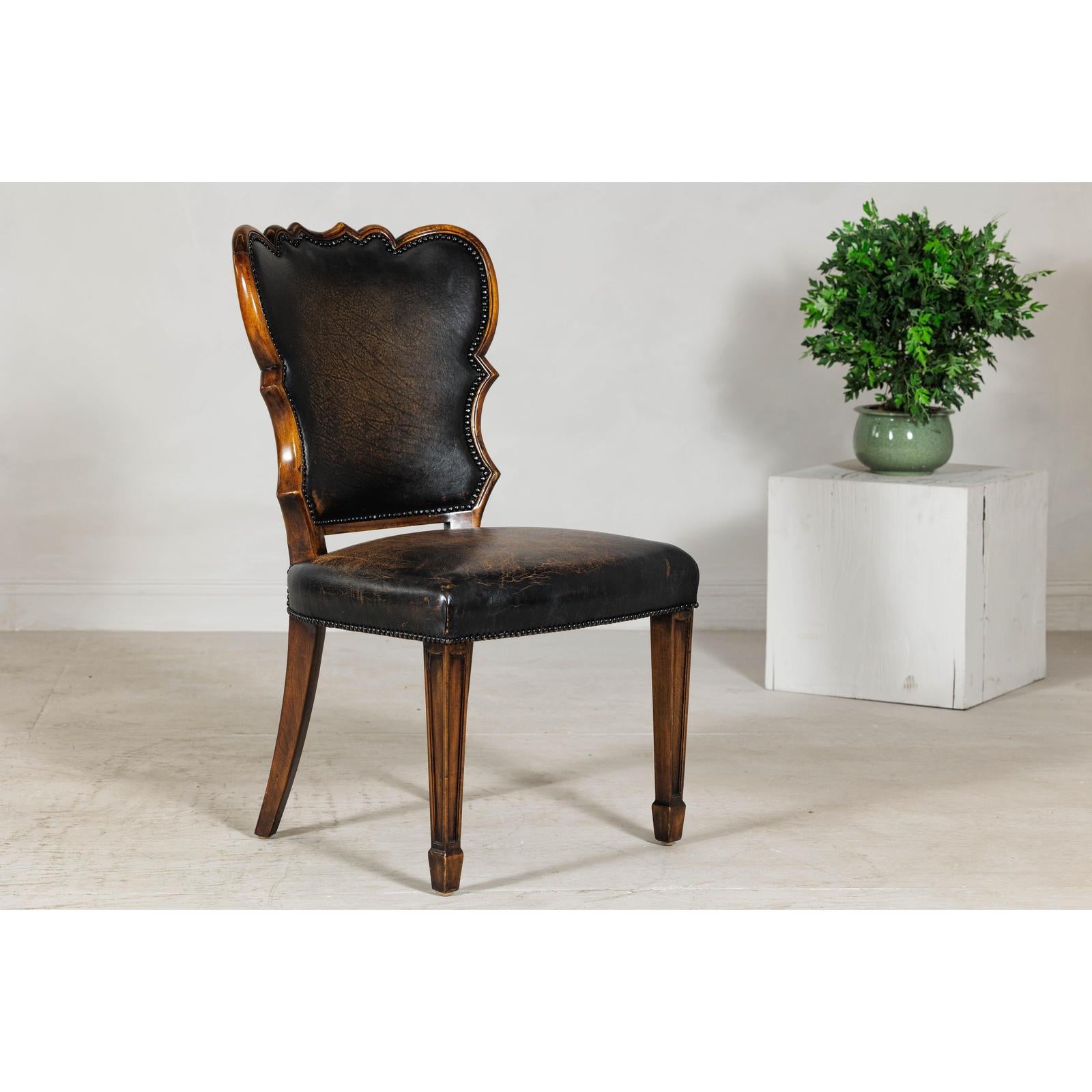 Black Leather Desk Chair with Carved Frame and Nailhead Trim-7. Asian &amp; Chinese Furniture, Art, Antiques, Vintage Home Décor for sale at FEA Home