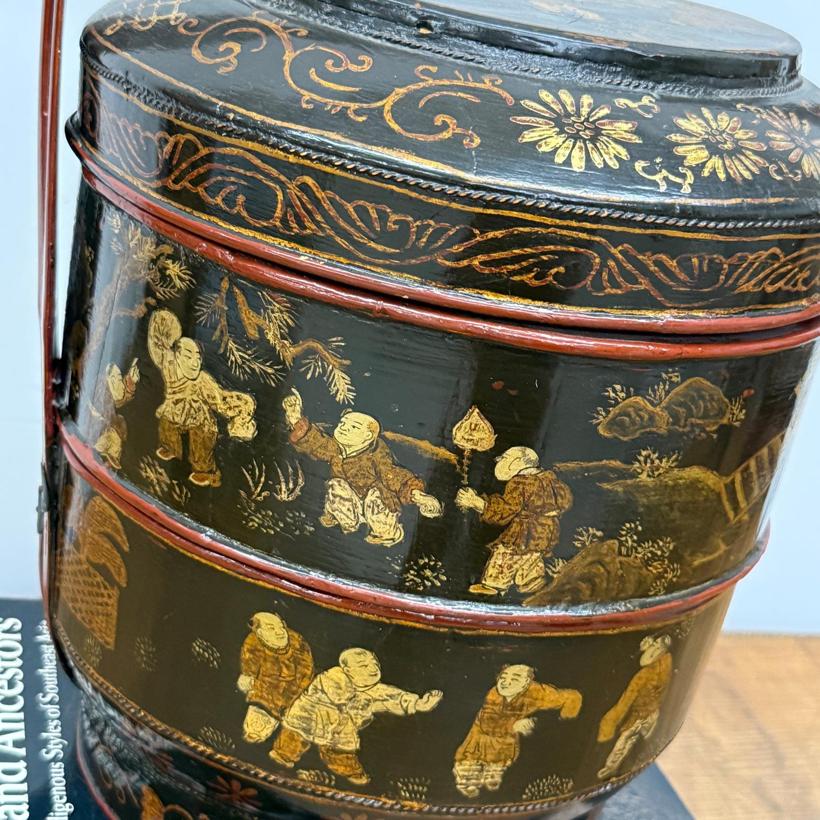 Black &amp; Red Stacked Handpainted Wooden Basket with Handle - FEA Home