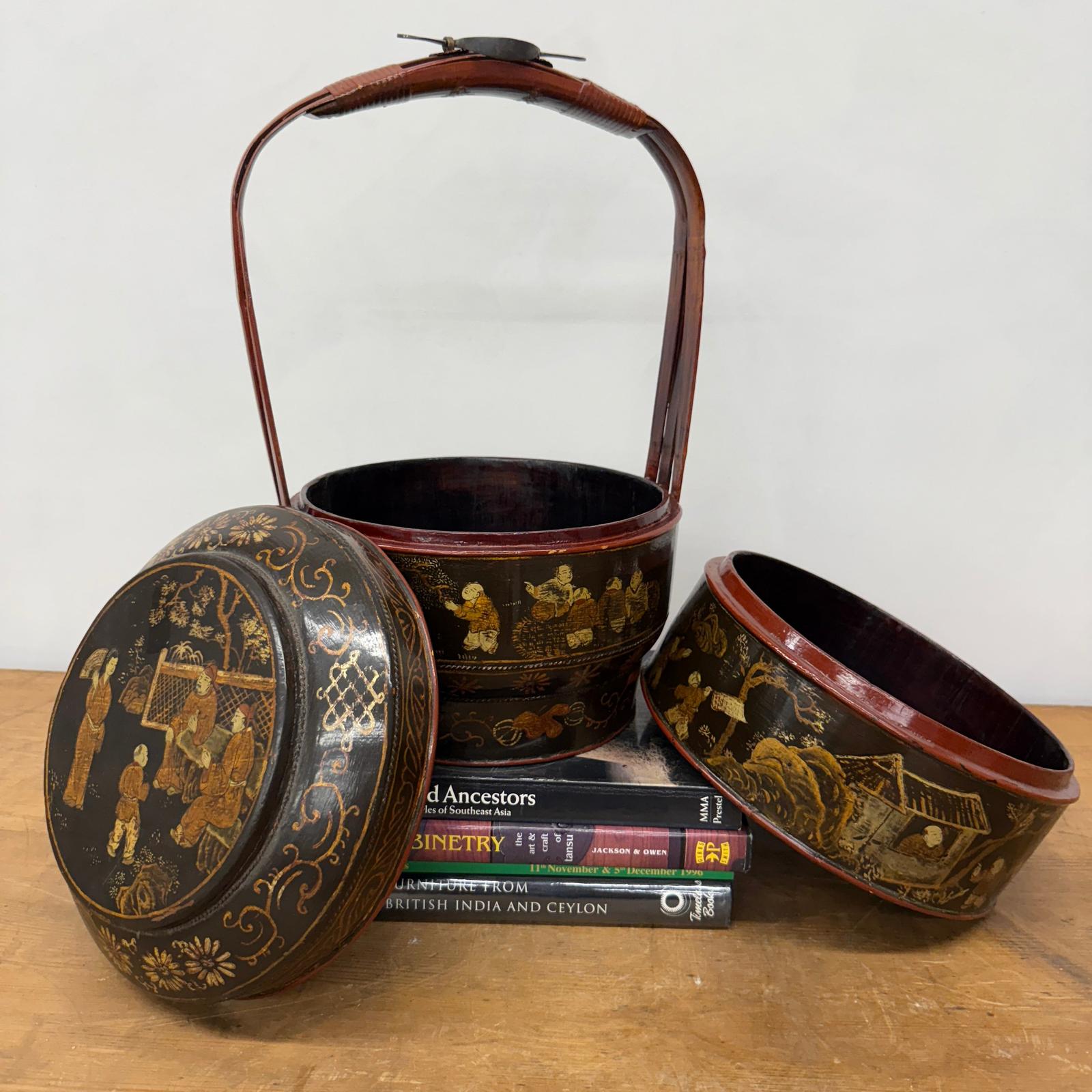 Black &amp; Red Stacked Handpainted Wooden Basket with Handle - FEA Home
