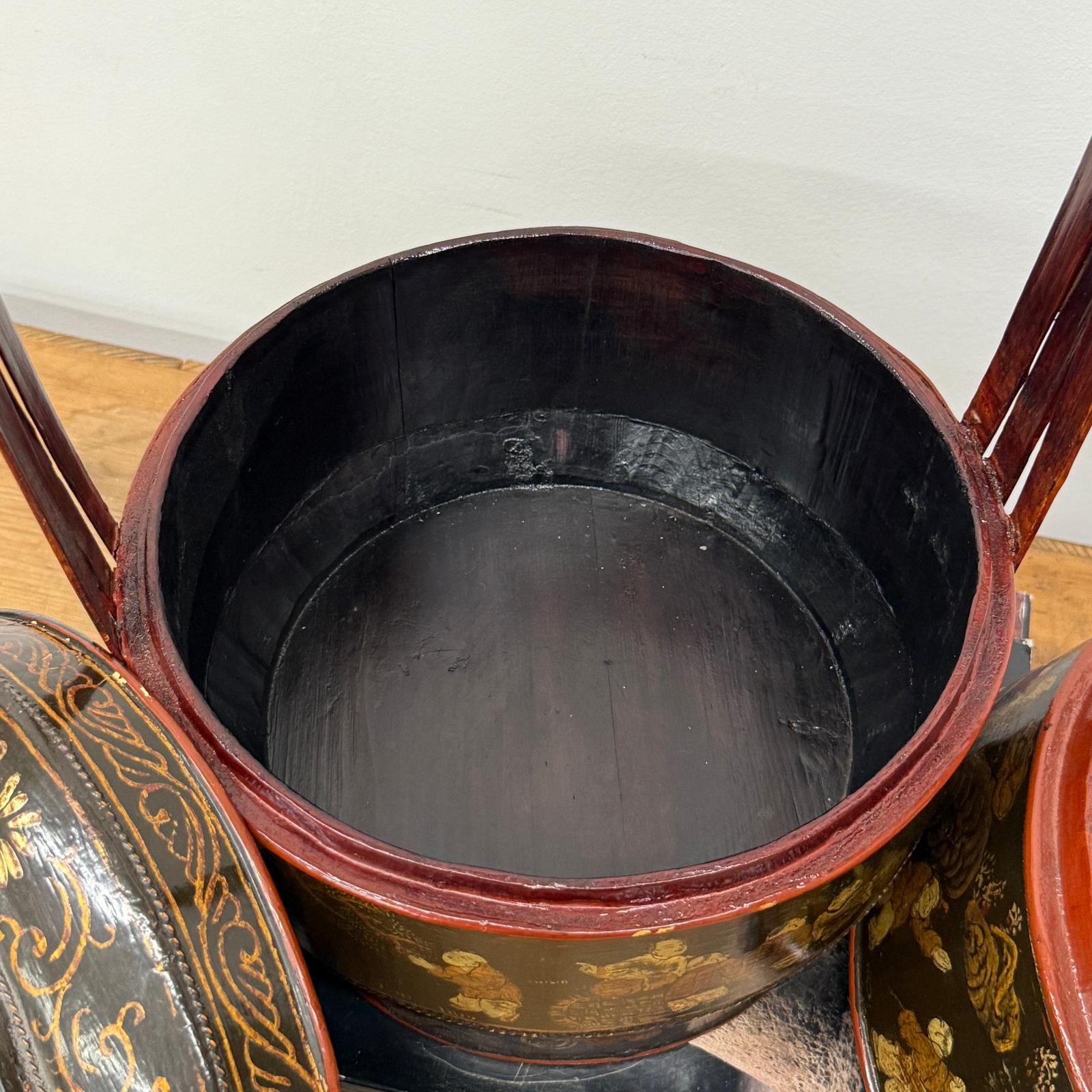 Black &amp; Red Stacked Handpainted Wooden Basket with Handle - FEA Home