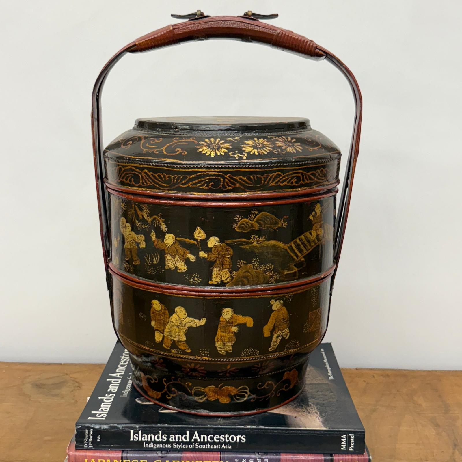 Black &amp; Red Stacked Handpainted Wooden Basket with Handle - FEA Home