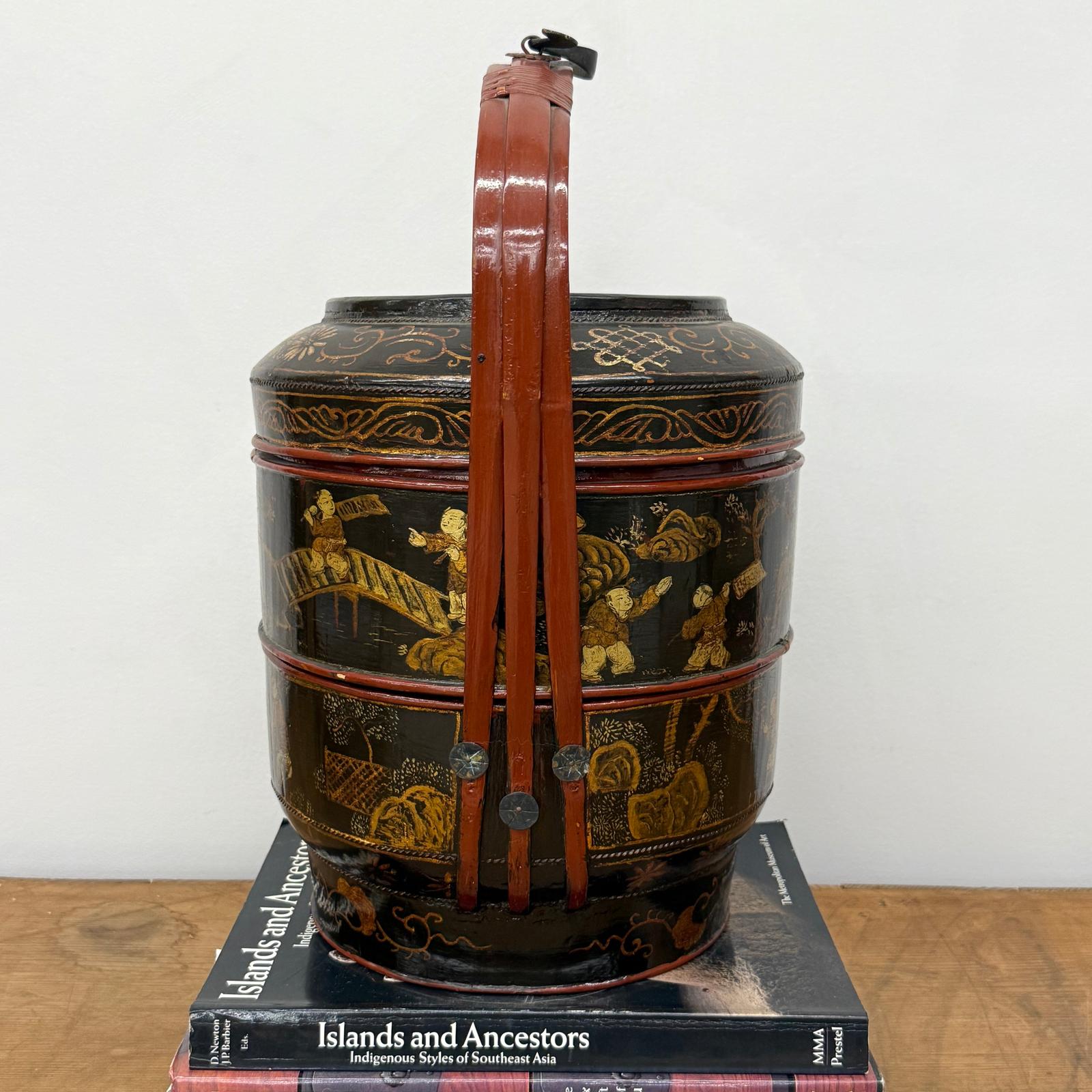 Black &amp; Red Stacked Handpainted Wooden Basket with Handle - FEA Home