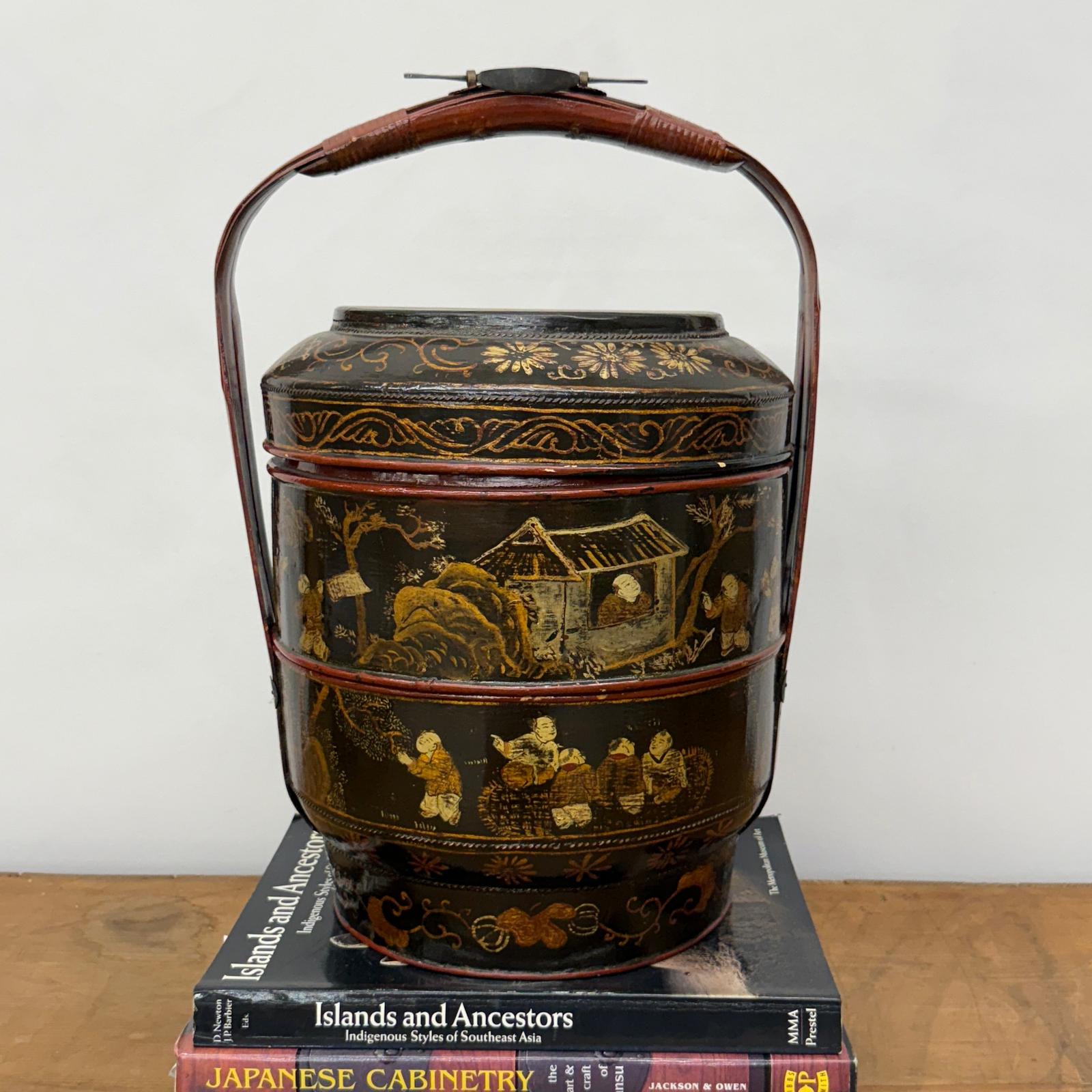 Black &amp; Red Stacked Handpainted Wooden Basket with Handle - FEA Home