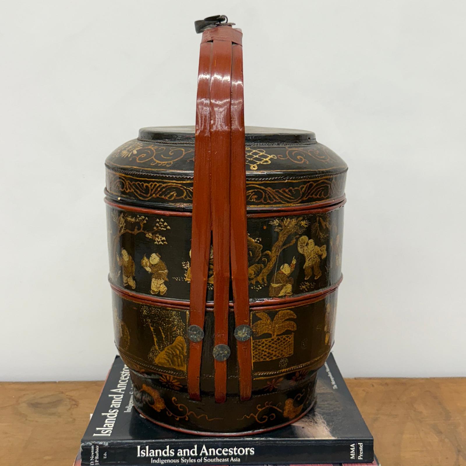 Black &amp; Red Stacked Handpainted Wooden Basket with Handle - FEA Home