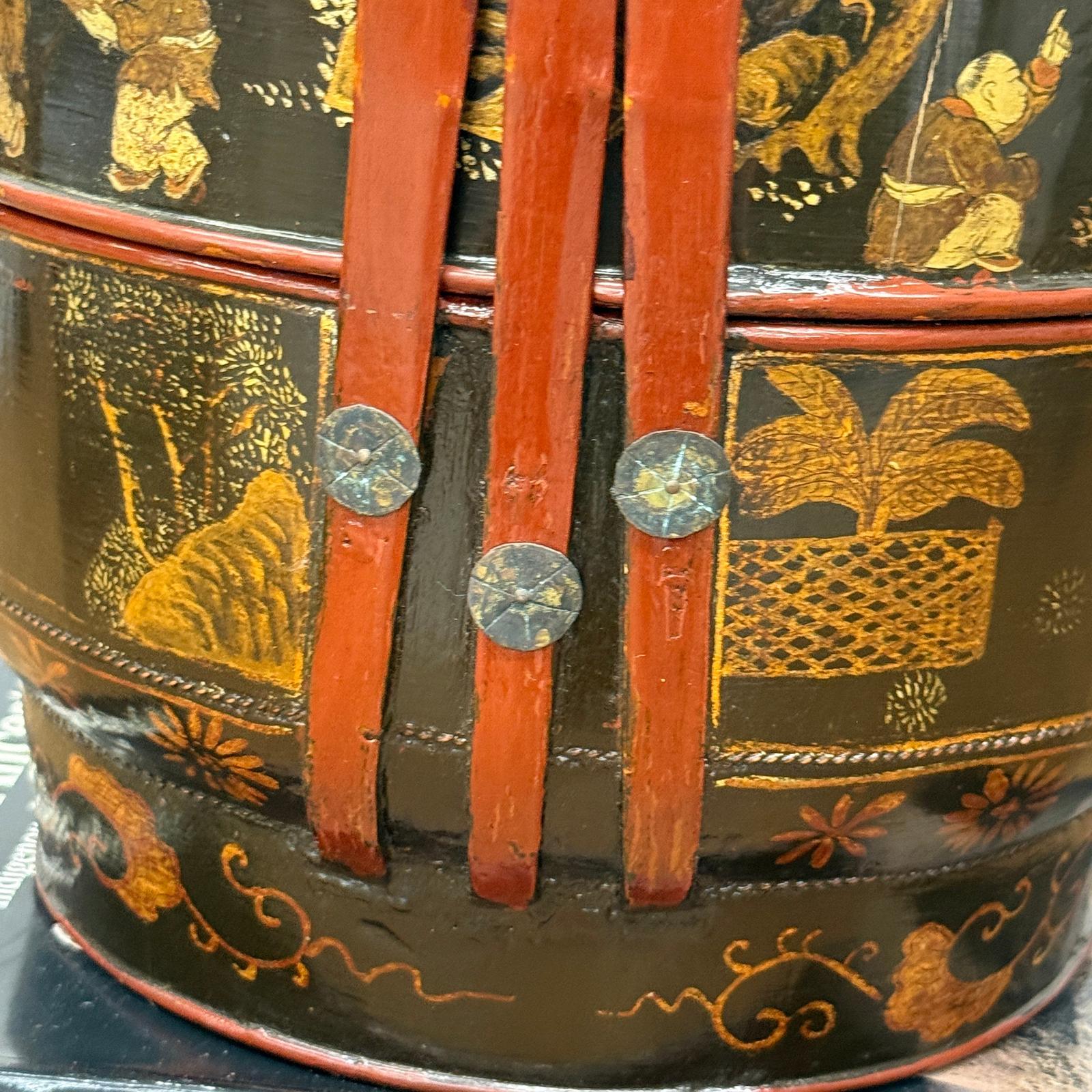 Black &amp; Red Stacked Handpainted Wooden Basket with Handle - FEA Home