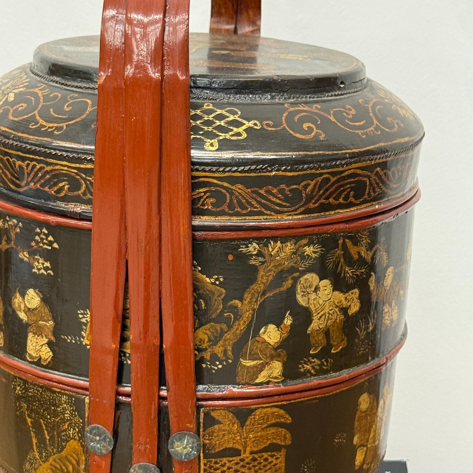 Black &amp; Red Stacked Handpainted Wooden Basket with Handle - FEA Home