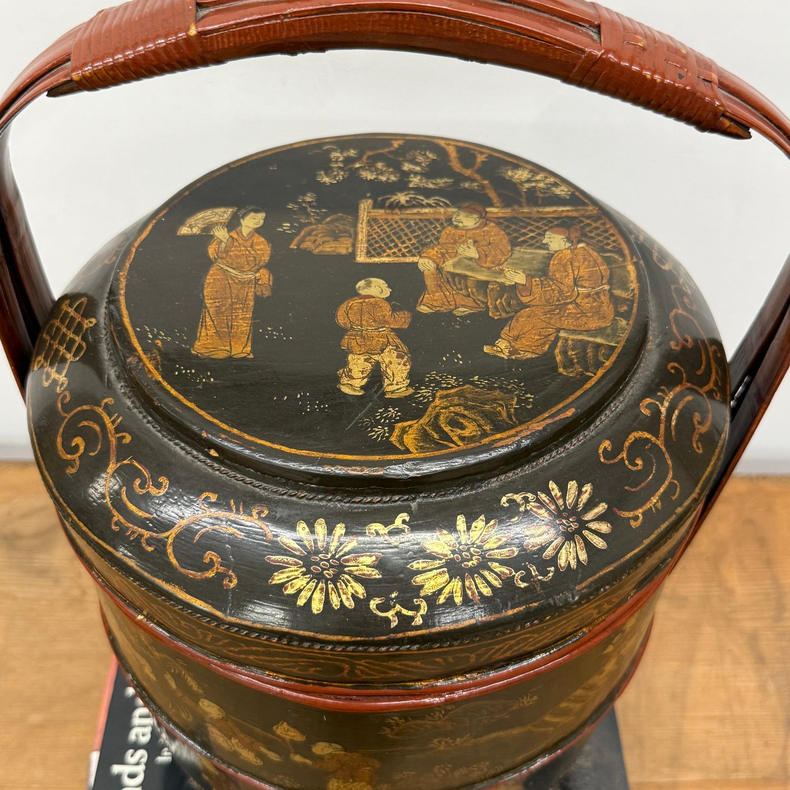 Black &amp; Red Stacked Handpainted Wooden Basket with Handle - FEA Home