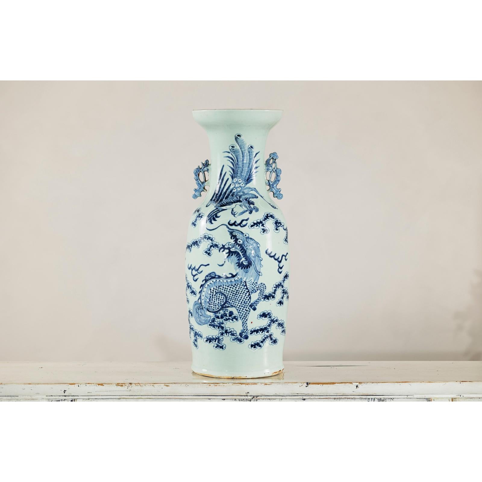 Blue and White Altar Vase with Dragon and Phoenix Design-3. Asian &amp; Chinese Furniture, Art, Antiques, Vintage Home Décor for sale at FEA Home