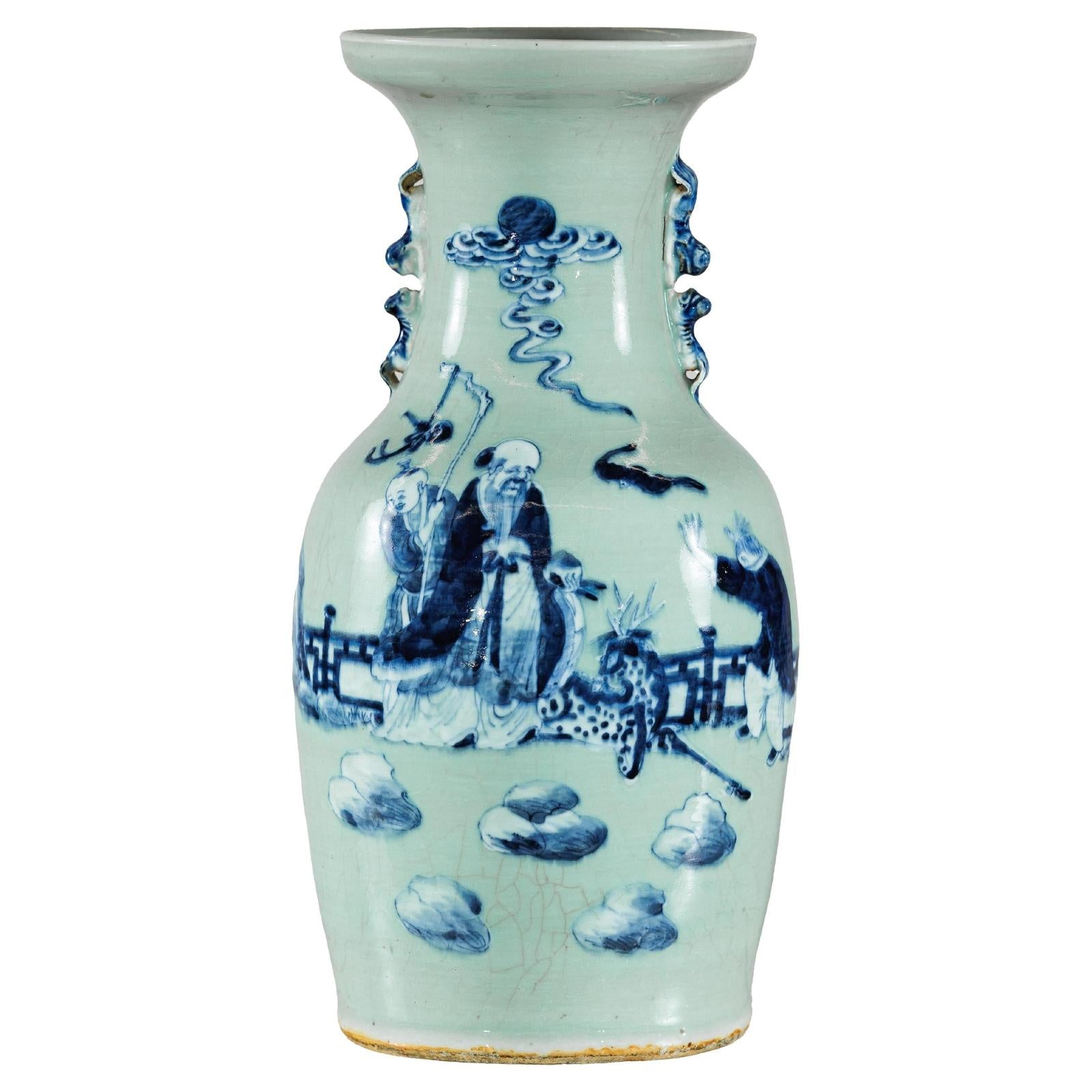 Blue and White Altar Vase with Immortal Figures and Celadon Tint-1. Asian & Chinese Furniture, Art, Antiques, Vintage Home Décor for sale at FEA Home