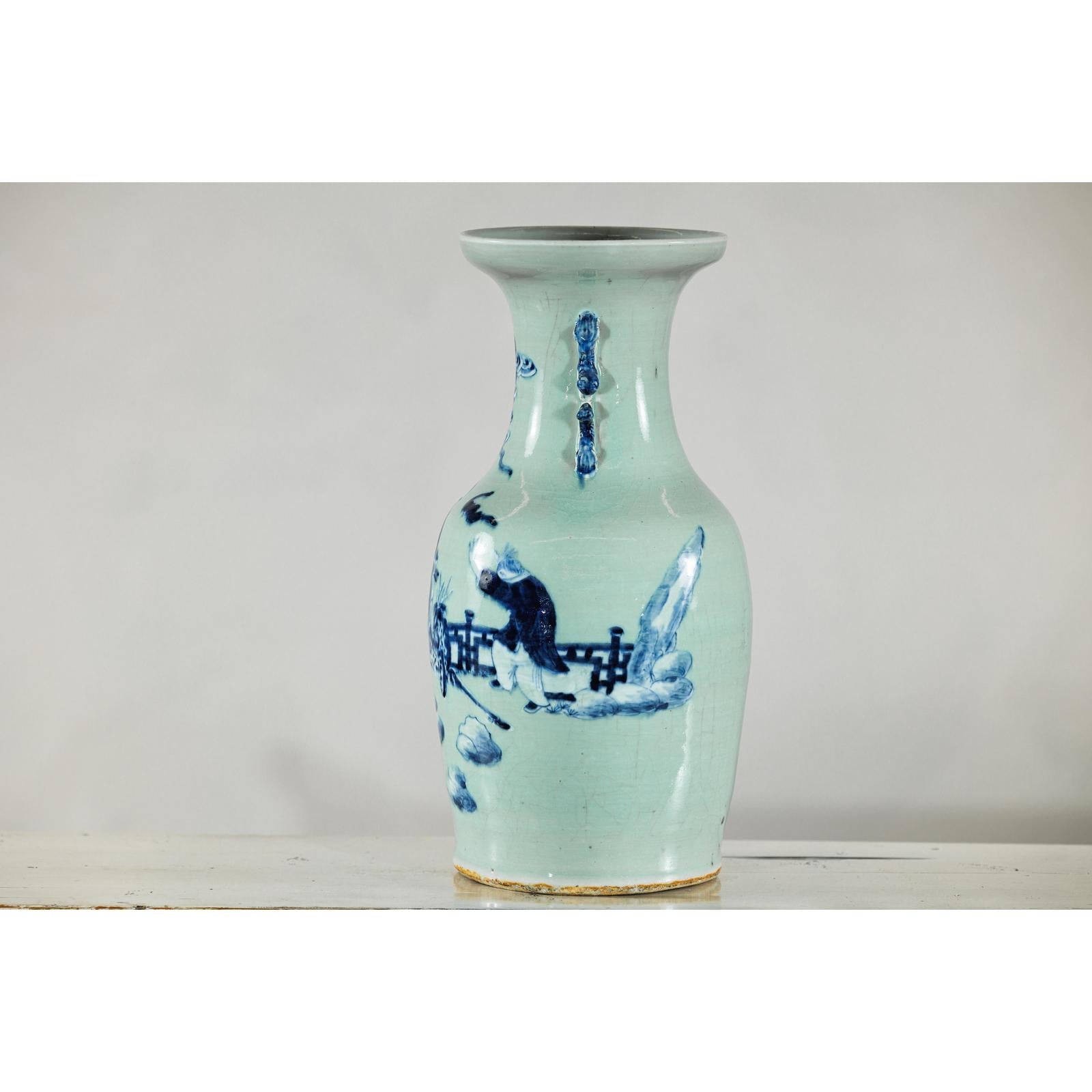 Blue and White Altar Vase with Immortal Figures and Celadon Tint-15. Asian &amp; Chinese Furniture, Art, Antiques, Vintage Home Décor for sale at FEA Home