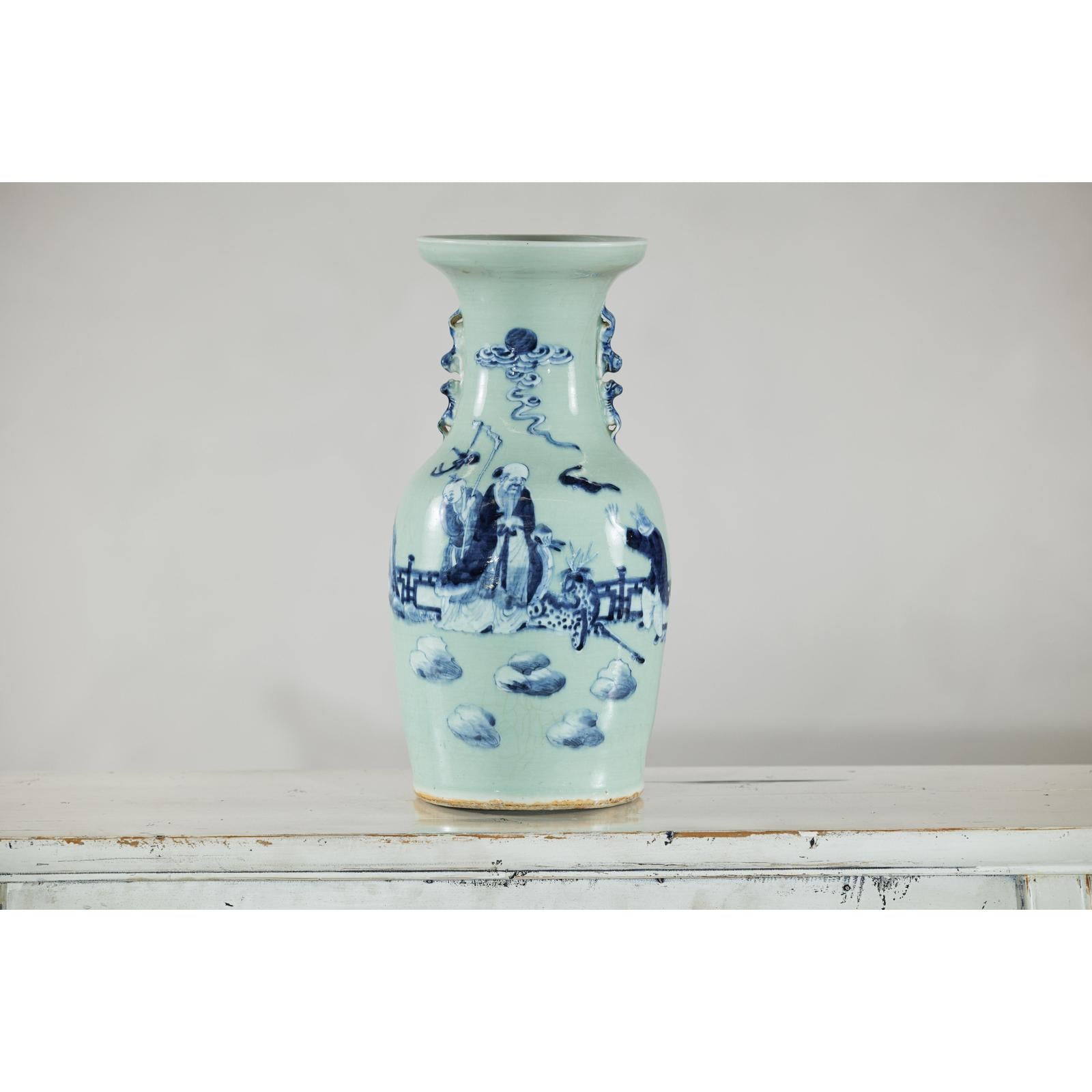 Blue and White Altar Vase with Immortal Figures and Celadon Tint-19. Asian &amp; Chinese Furniture, Art, Antiques, Vintage Home Décor for sale at FEA Home