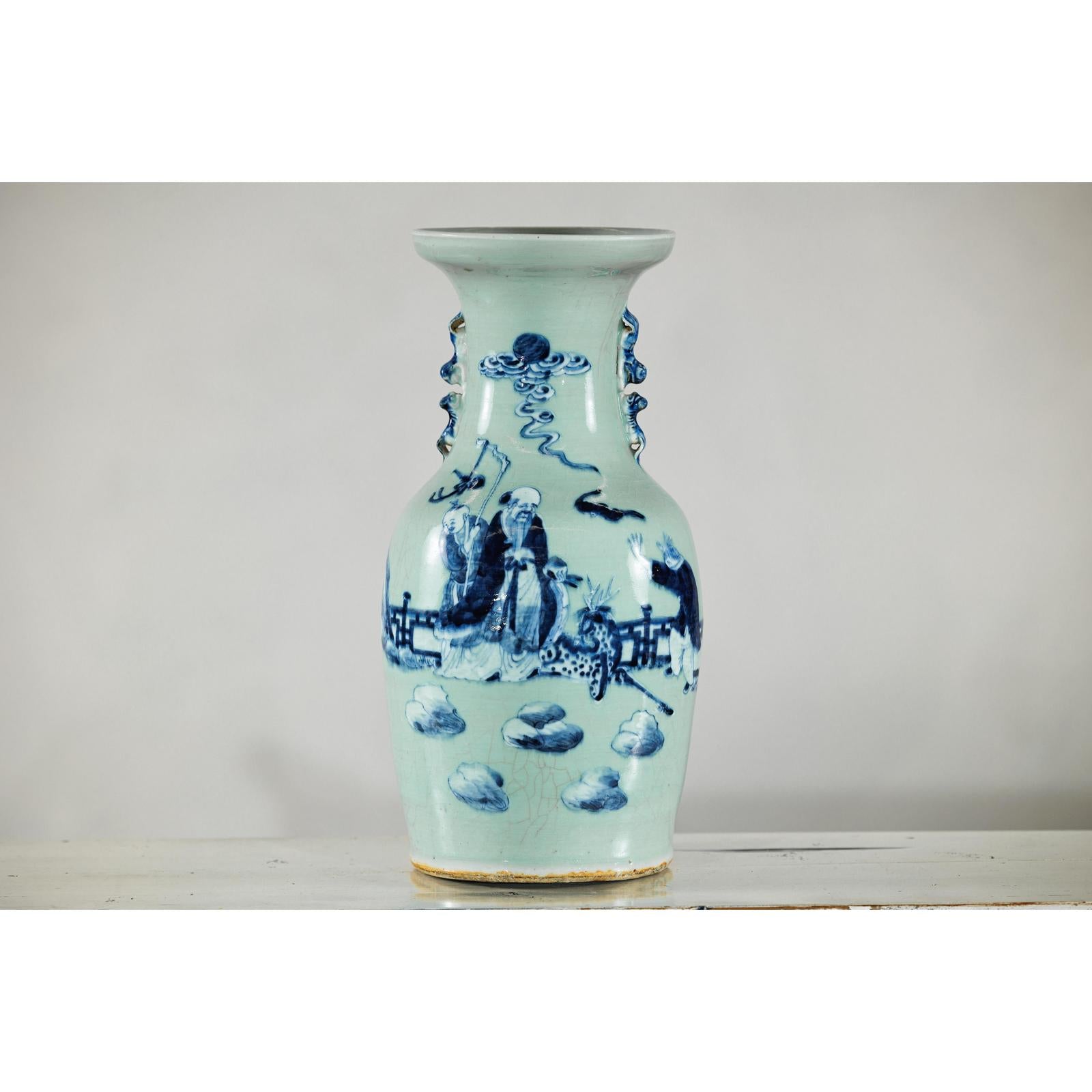 Blue and White Altar Vase with Immortal Figures and Celadon Tint-2. Asian & Chinese Furniture, Art, Antiques, Vintage Home Décor for sale at FEA Home