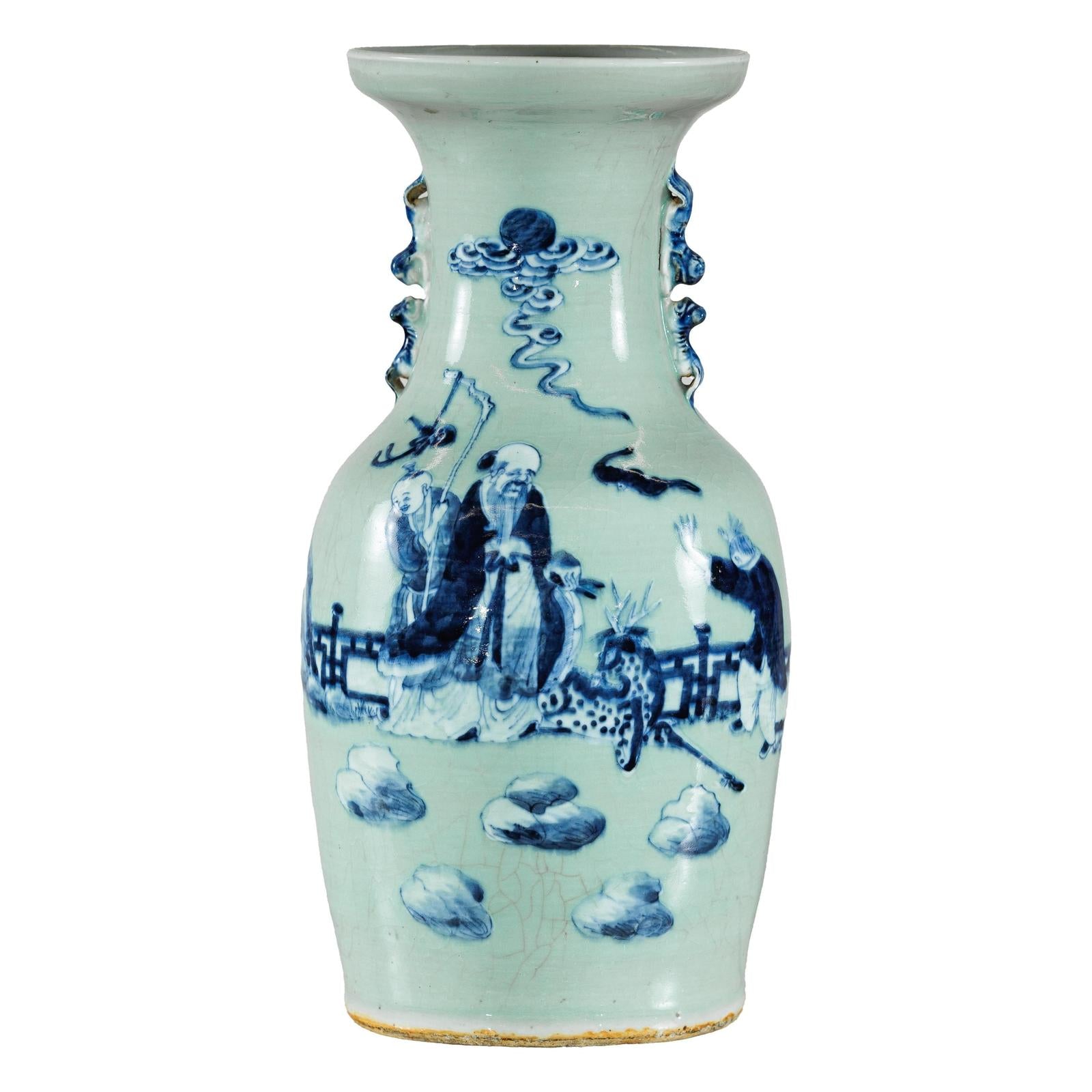 Blue and White Altar Vase with Immortal Figures and Celadon Tint-20. Asian &amp; Chinese Furniture, Art, Antiques, Vintage Home Décor for sale at FEA Home
