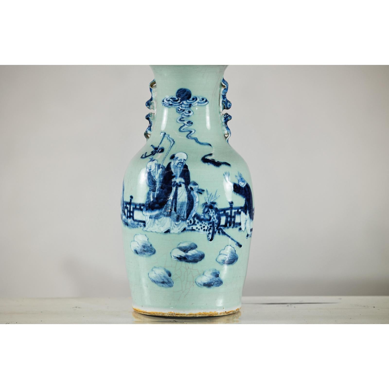 Blue and White Altar Vase with Immortal Figures and Celadon Tint-4. Asian &amp; Chinese Furniture, Art, Antiques, Vintage Home Décor for sale at FEA Home