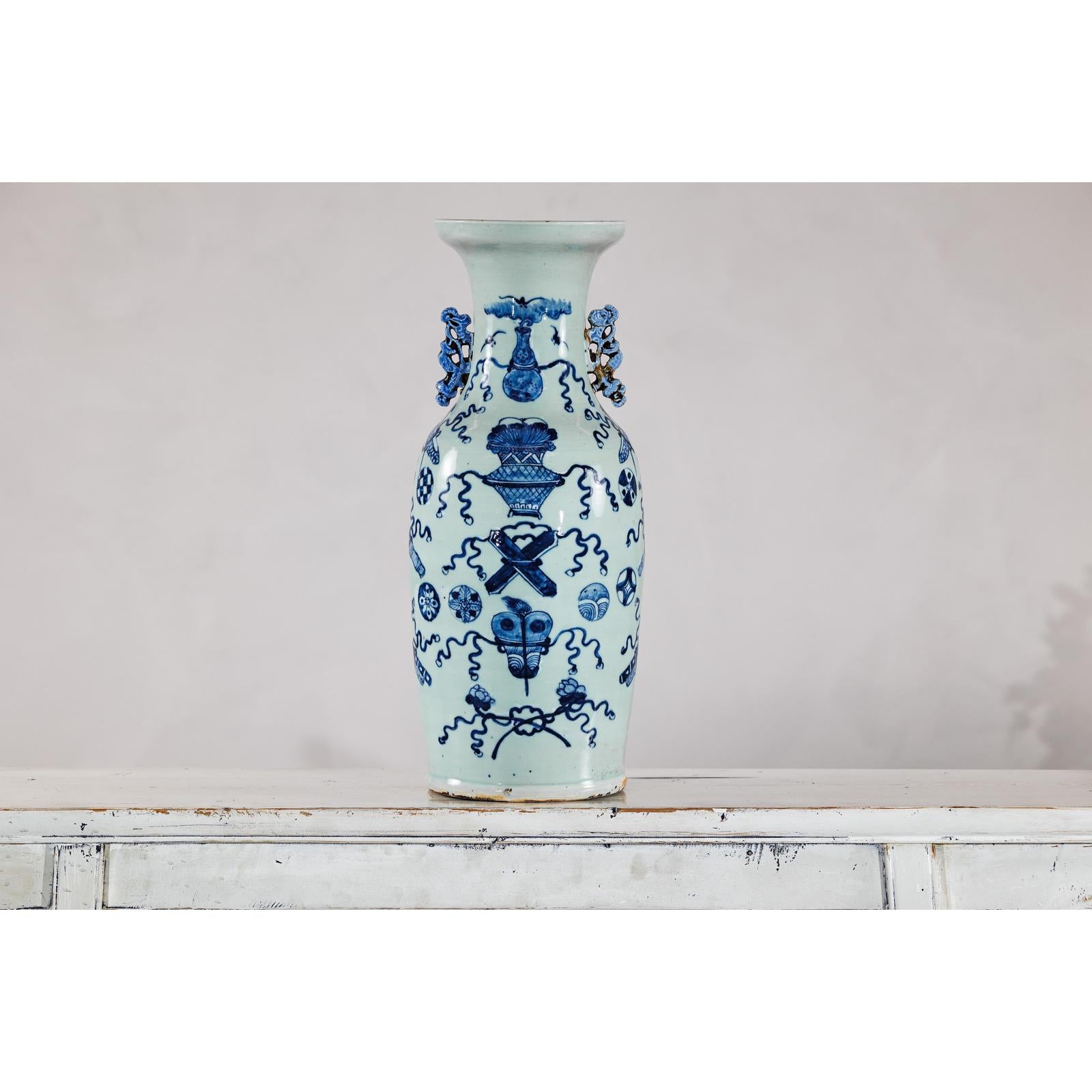Blue and White Chinese Altar Vase with Light Celadon Tint - image 14