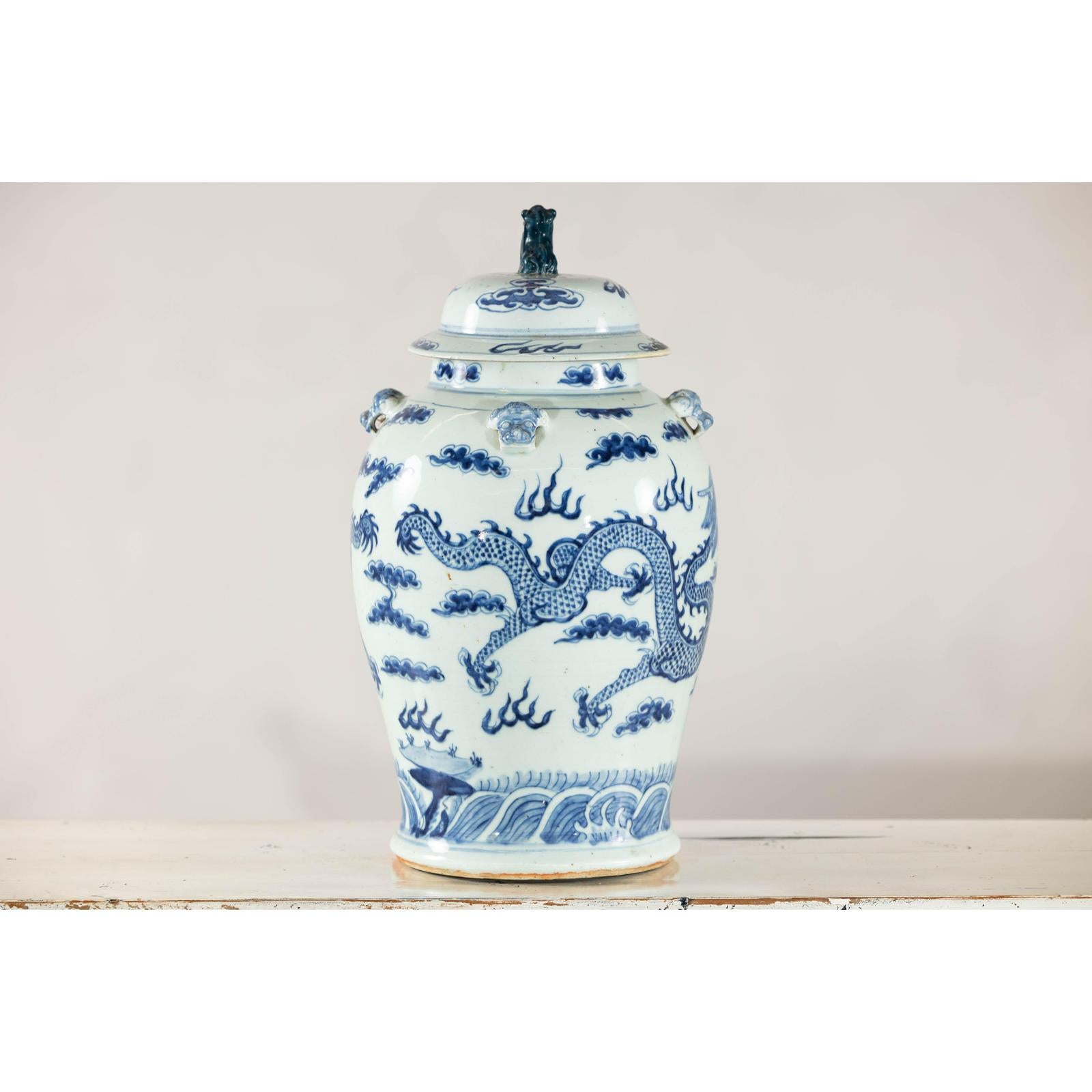Blue and White Chinese Lidded Jar with Dragon and Foo Dog Finial-10. Asian &amp; Chinese Furniture, Art, Antiques, Vintage Home Décor for sale at FEA Home