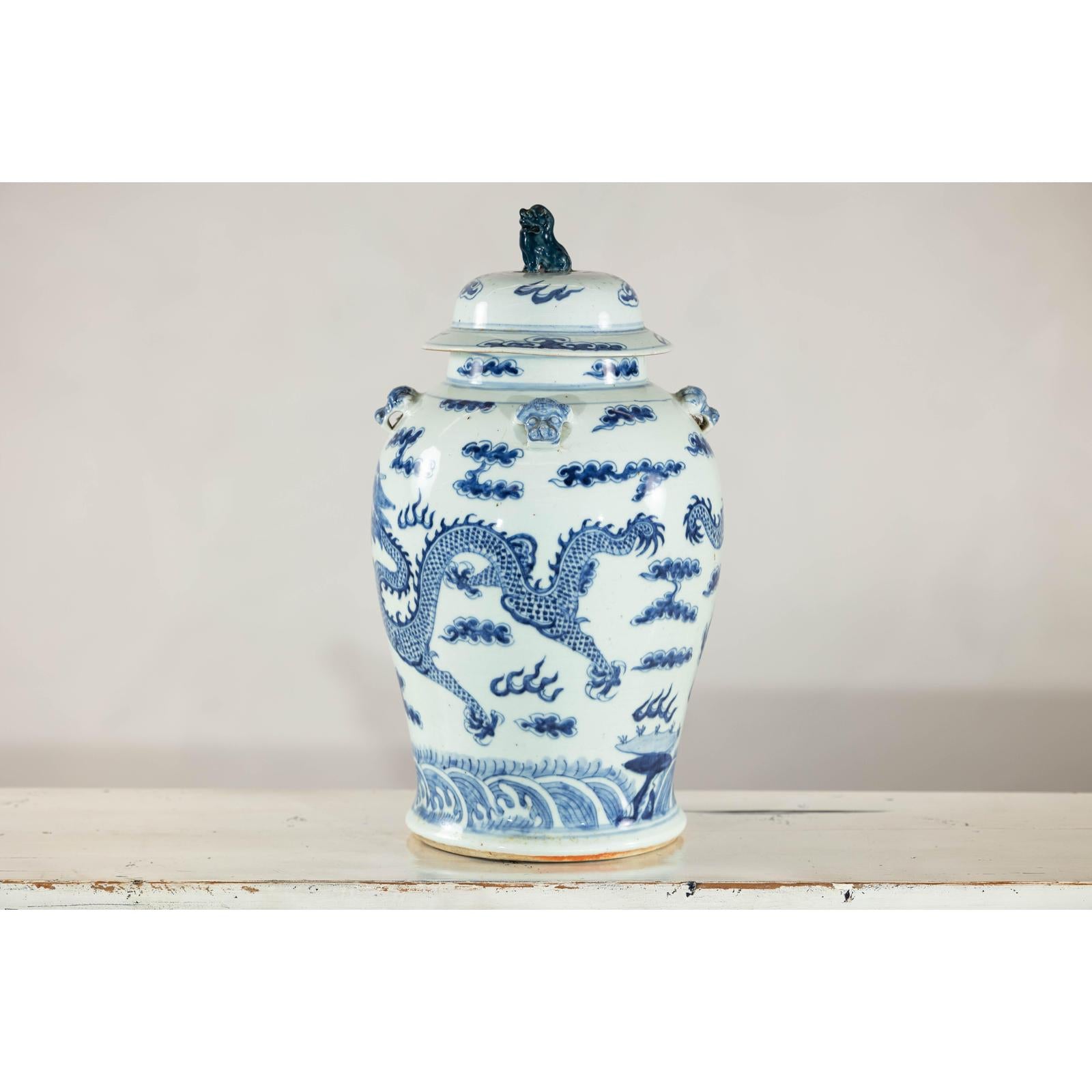 Blue and White Chinese Lidded Jar with Dragon and Foo Dog Finial-11. Asian &amp; Chinese Furniture, Art, Antiques, Vintage Home Décor for sale at FEA Home