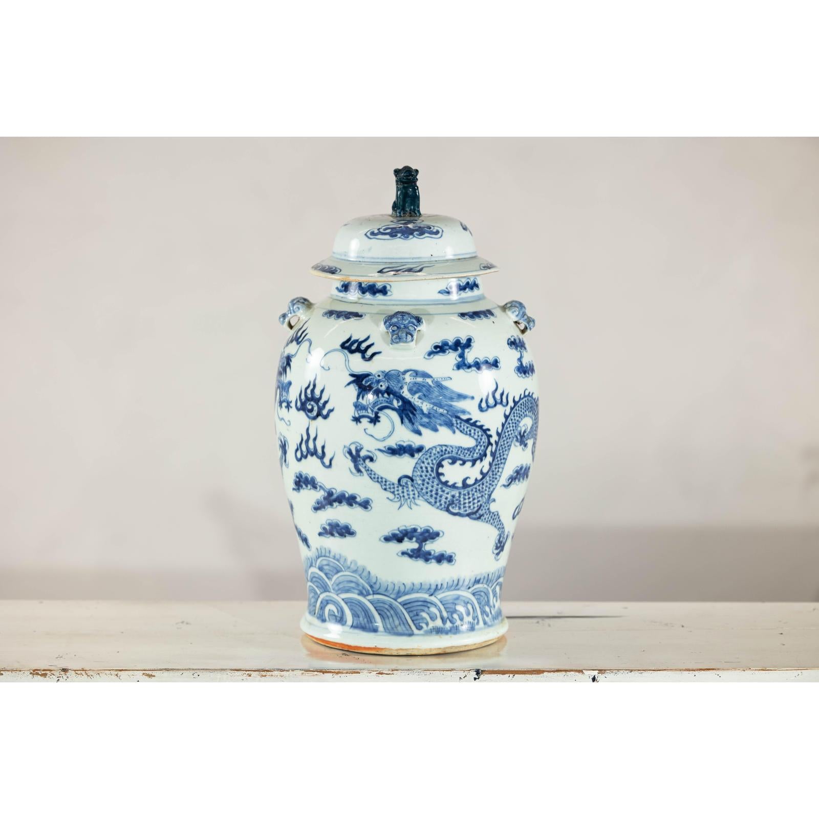 Blue and White Chinese Lidded Jar with Dragon and Foo Dog Finial-12. Asian &amp; Chinese Furniture, Art, Antiques, Vintage Home Décor for sale at FEA Home