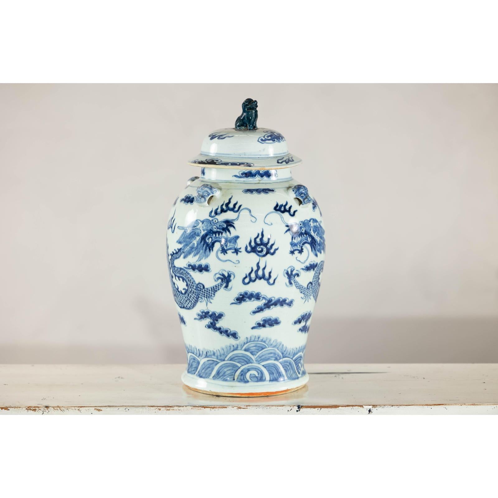 Blue and White Chinese Lidded Jar with Dragon and Foo Dog Finial-13. Asian &amp; Chinese Furniture, Art, Antiques, Vintage Home Décor for sale at FEA Home
