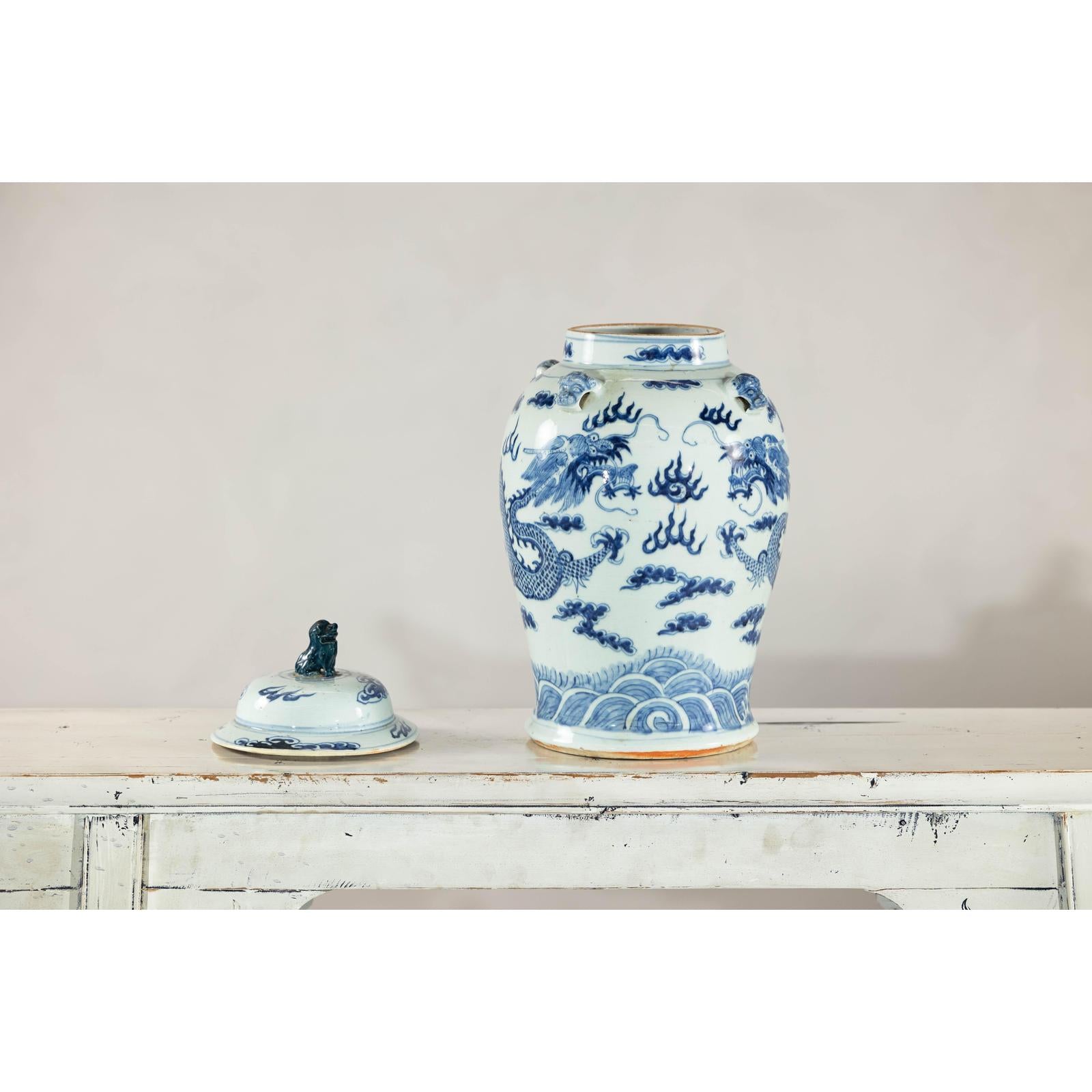 Blue and White Chinese Lidded Jar with Dragon and Foo Dog Finial-14. Asian &amp; Chinese Furniture, Art, Antiques, Vintage Home Décor for sale at FEA Home