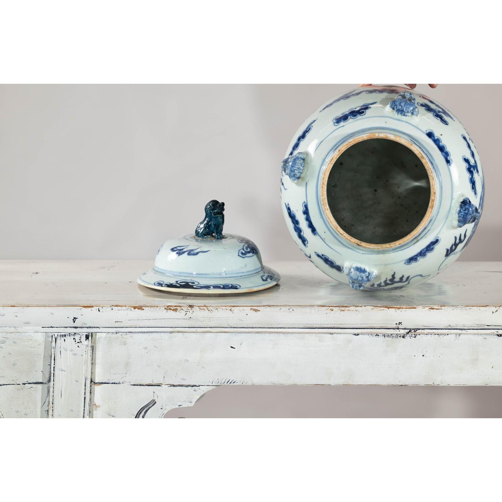 Blue and White Chinese Lidded Jar with Dragon and Foo Dog Finial-15. Asian &amp; Chinese Furniture, Art, Antiques, Vintage Home Décor for sale at FEA Home
