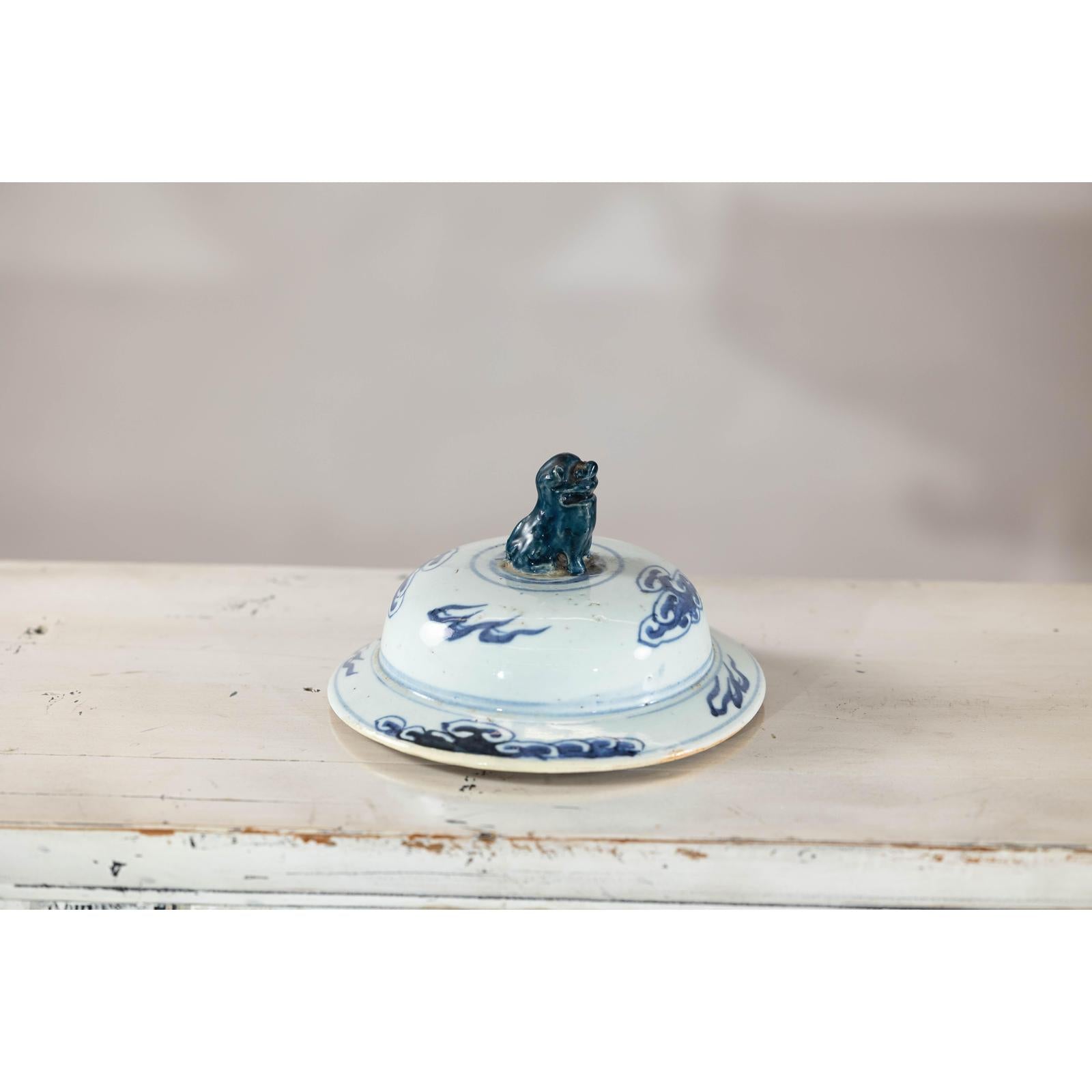 Blue and White Chinese Lidded Jar with Dragon and Foo Dog Finial-16. Asian &amp; Chinese Furniture, Art, Antiques, Vintage Home Décor for sale at FEA Home