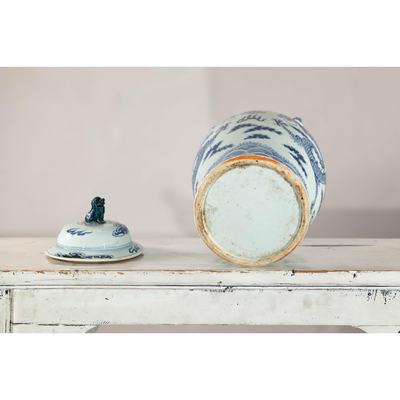 Blue and White Chinese Lidded Jar with Dragon and Foo Dog Finial-17. Asian &amp; Chinese Furniture, Art, Antiques, Vintage Home Décor for sale at FEA Home