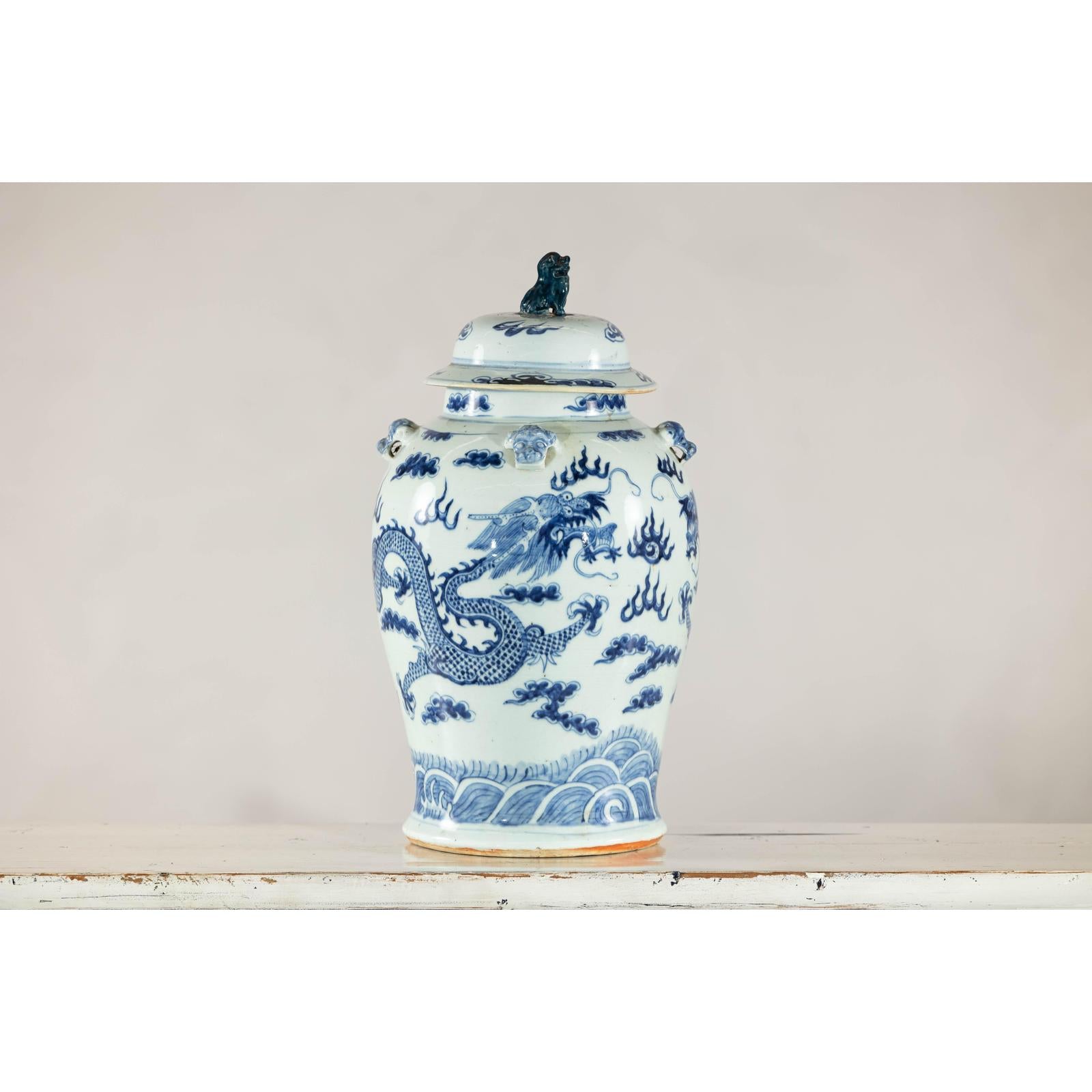 Blue and White Chinese Lidded Jar with Dragon and Foo Dog Finial-18. Asian &amp; Chinese Furniture, Art, Antiques, Vintage Home Décor for sale at FEA Home