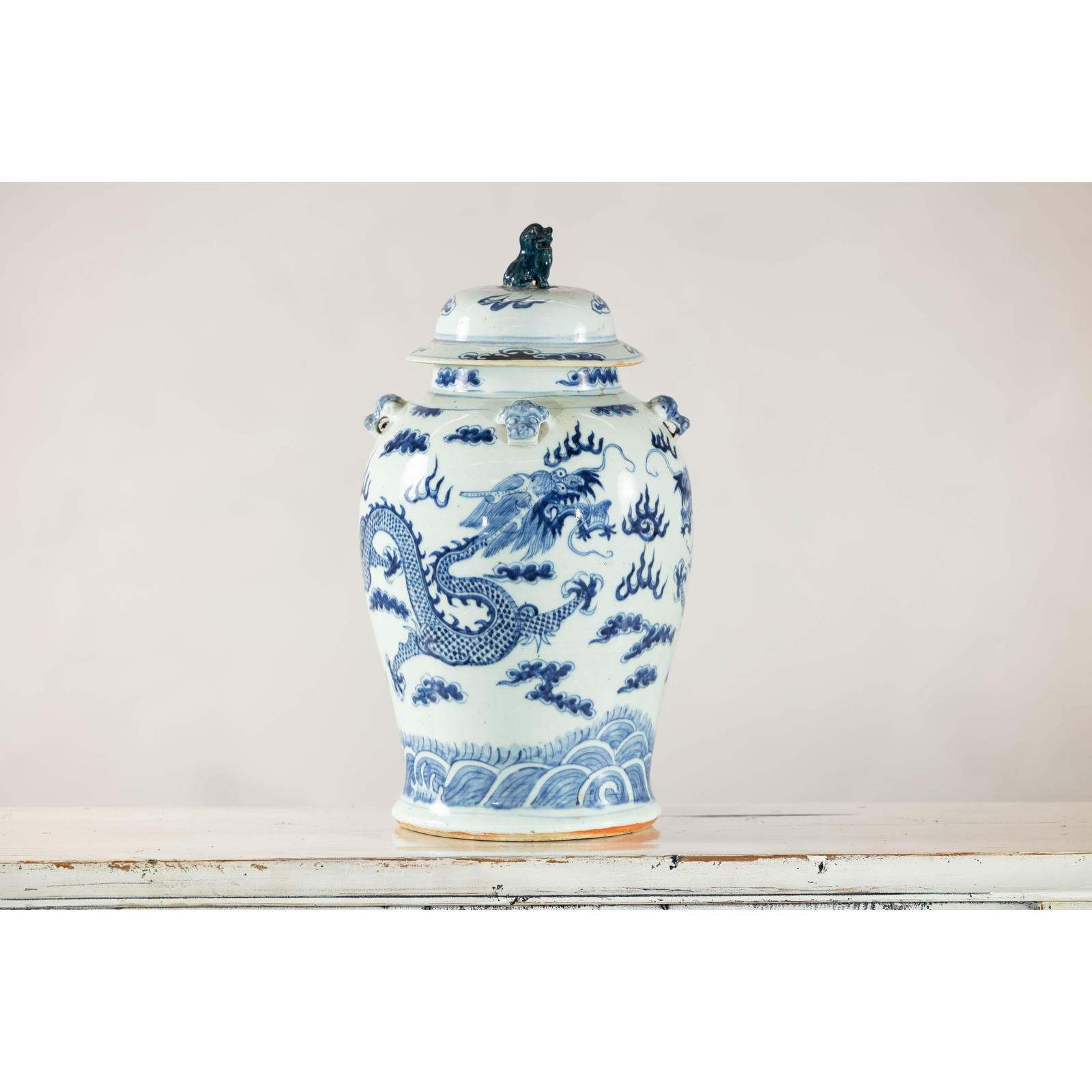 Blue and White Chinese Lidded Jar with Dragon and Foo Dog Finial-4. Asian &amp; Chinese Furniture, Art, Antiques, Vintage Home Décor for sale at FEA Home
