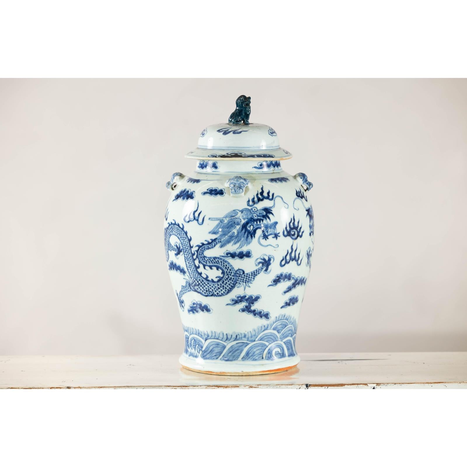 Blue and White Chinese Lidded Jar with Dragon and Foo Dog Finial-5. Asian &amp; Chinese Furniture, Art, Antiques, Vintage Home Décor for sale at FEA Home