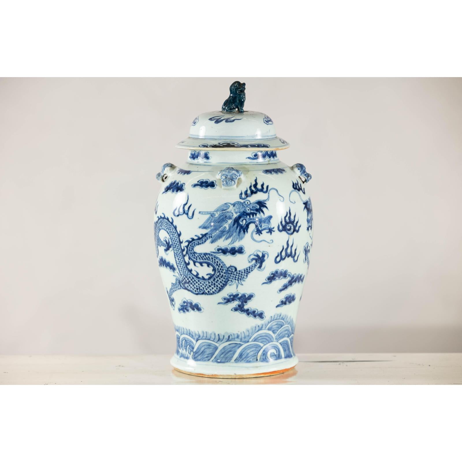 Blue and White Chinese Lidded Jar with Dragon and Foo Dog Finial-6. Asian &amp; Chinese Furniture, Art, Antiques, Vintage Home Décor for sale at FEA Home