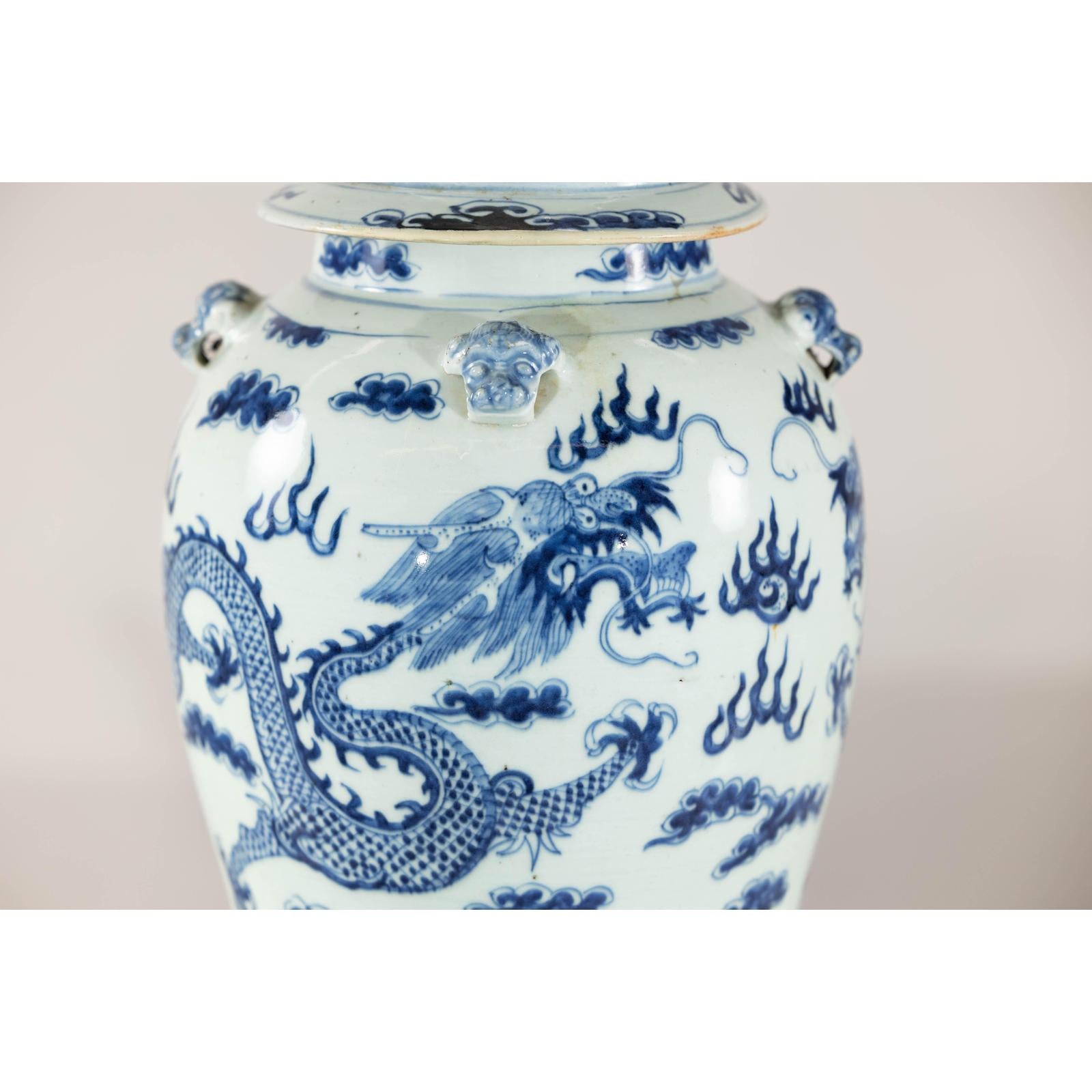 Blue and White Chinese Lidded Jar with Dragon and Foo Dog Finial-7. Asian &amp; Chinese Furniture, Art, Antiques, Vintage Home Décor for sale at FEA Home