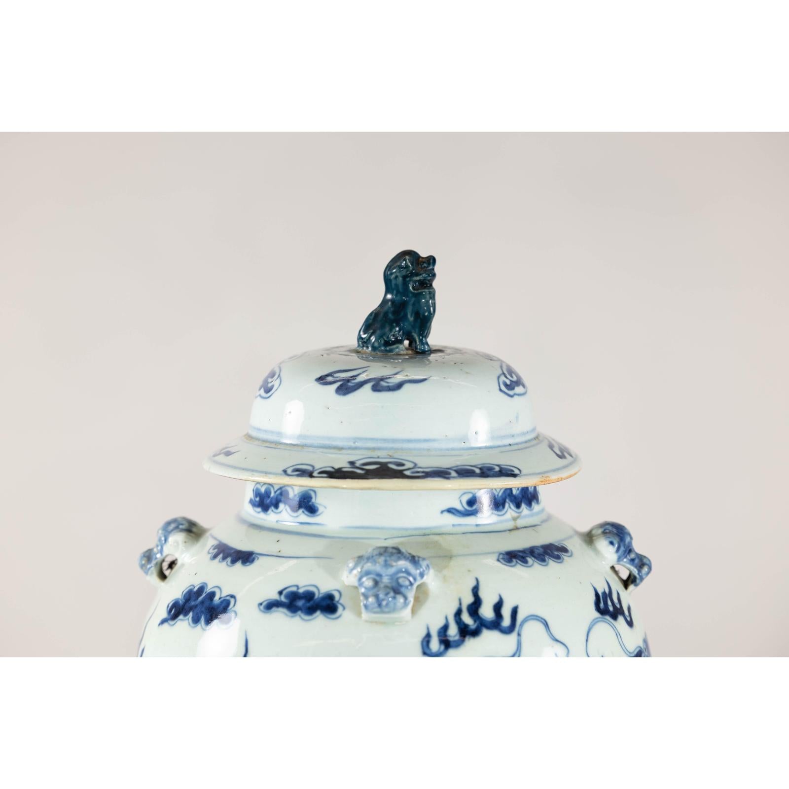 Blue and White Chinese Lidded Jar with Dragon and Foo Dog Finial-8. Asian &amp; Chinese Furniture, Art, Antiques, Vintage Home Décor for sale at FEA Home