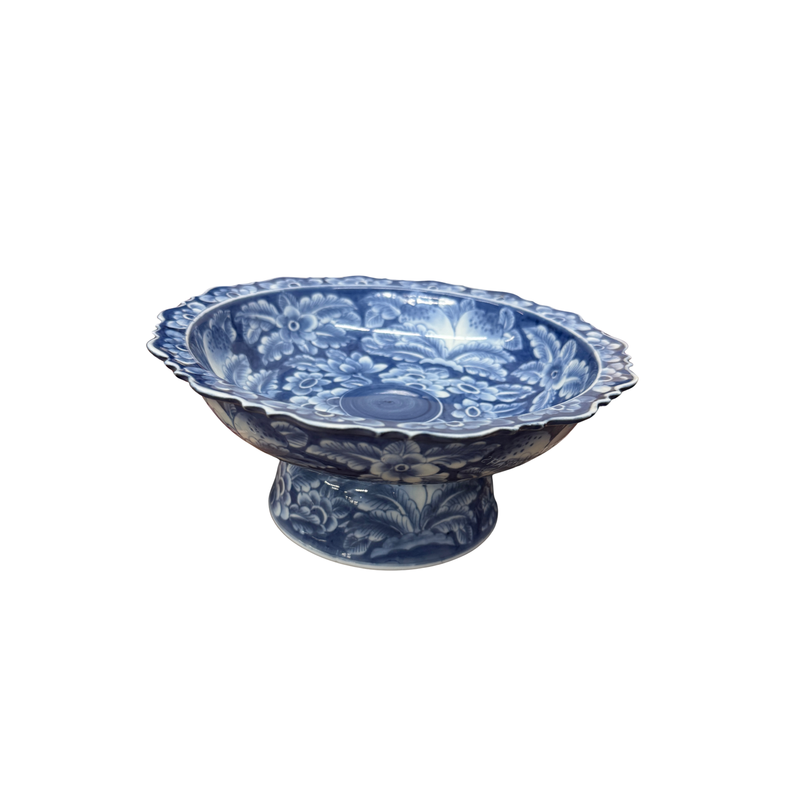 Blue and White Scalloped Ceramic Pedestal Display Dish - FEA Home