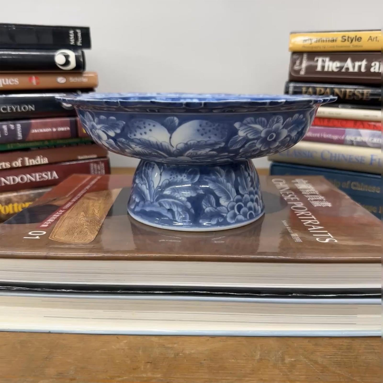 Blue and White Scalloped Ceramic Pedestal Display Dish - FEA Home