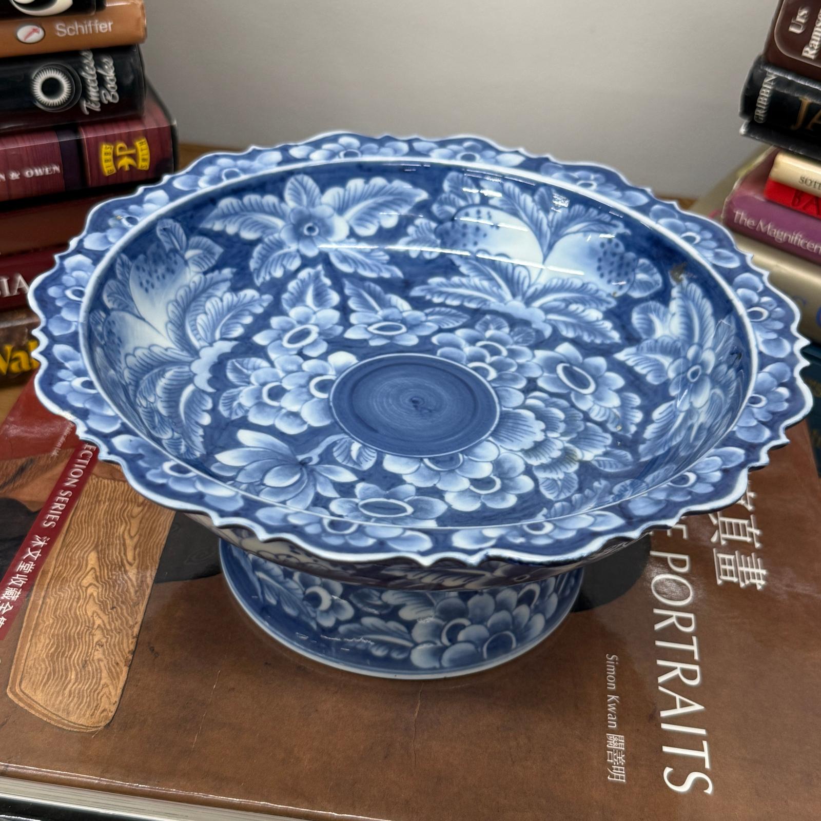 Blue and White Scalloped Ceramic Pedestal Display Dish - FEA Home