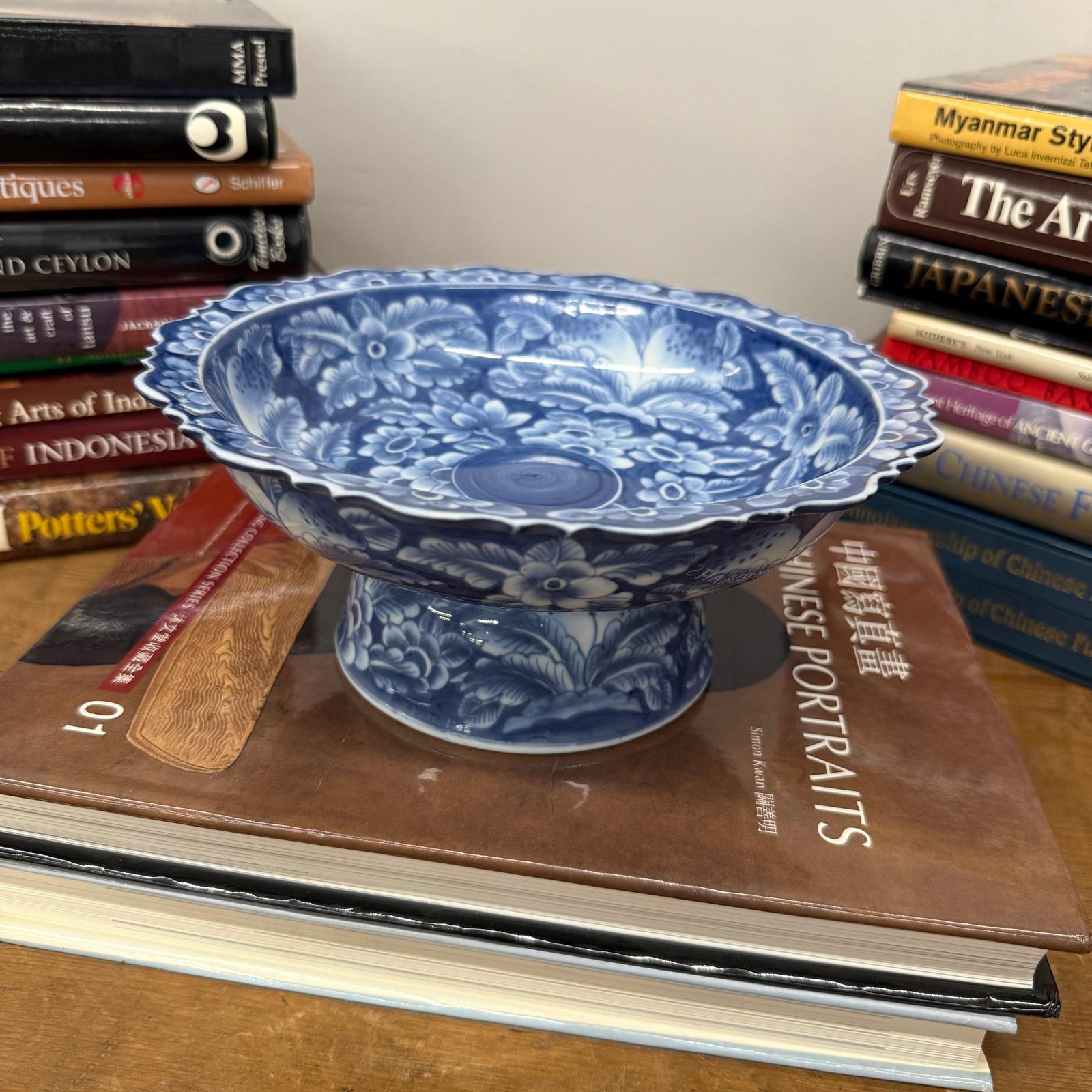 Blue and White Scalloped Ceramic Pedestal Display Dish - FEA Home