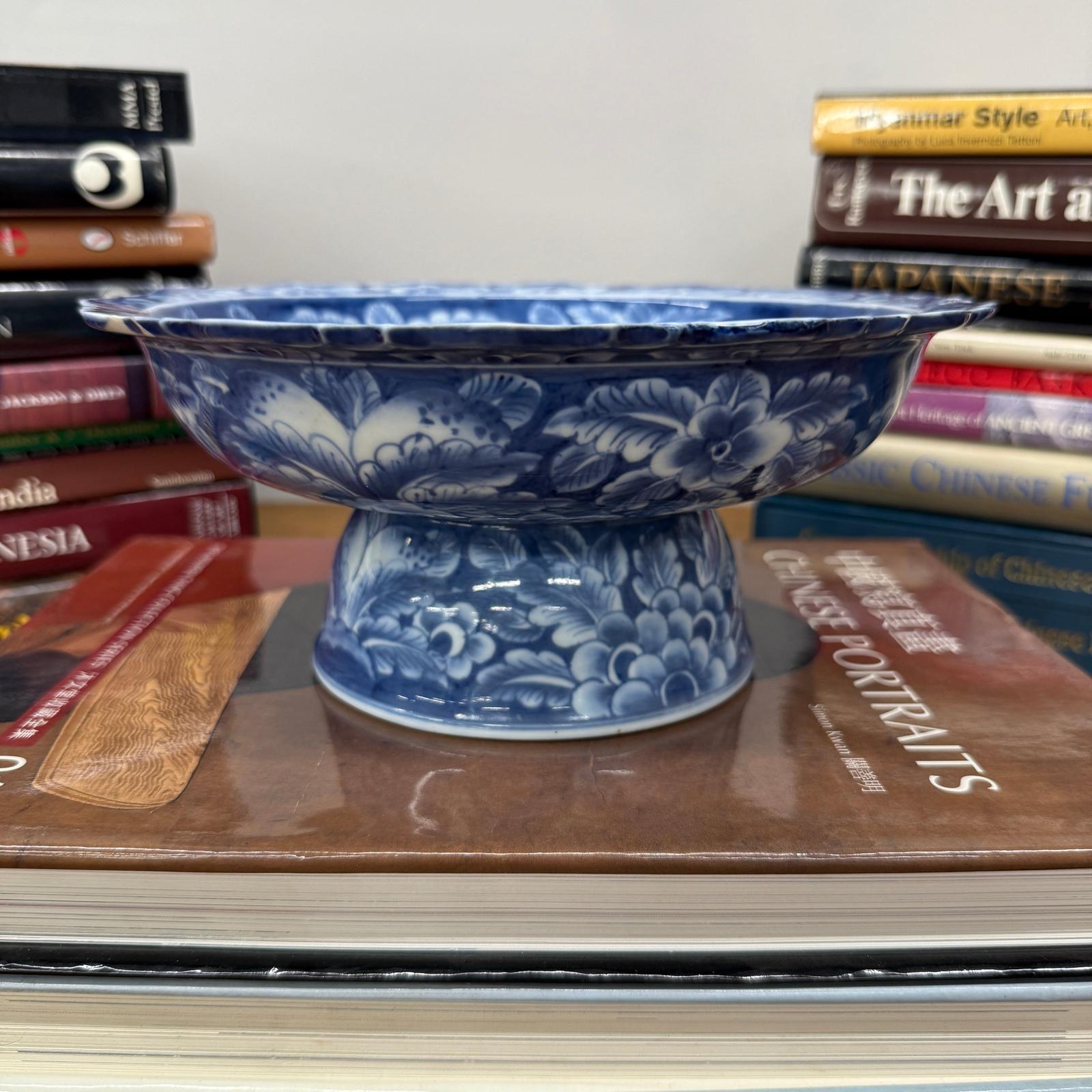Blue and White Scalloped Ceramic Pedestal Display Dish - FEA Home